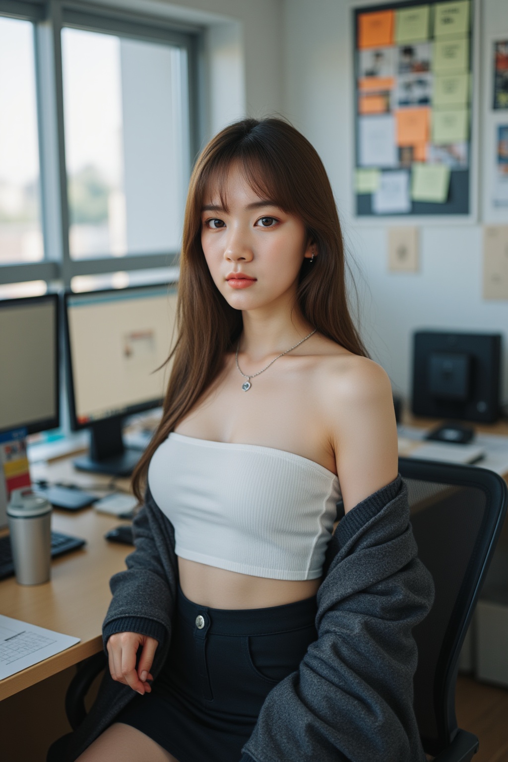 Fuji camera filter, Film photography, Color Film, Fujifilm Fujicolor 400H, film photo, Polaroid style, This is a highly detailed,realistic digital illustration of a young woman sitting at a desk in an office. She has long,straight brown hair with bangs,fair skin,and striking,large brown eyes accentuated with subtle makeup. Her lips are painted a bold red. She is wearing a white,off-shoulder crop top that highlights her ample breasts and a tight,high-waisted black skirt that accentuates her slim waist and curvy hips. Over her shoulders,she has a dark gray jacket with a textured pattern,draped loosely. Around her neck,she wears a delicate silver necklace with a small pendant.,In the background,the office setting is modern and bustling. There are several computer monitors on the desk,with one prominently displaying an open email or document. The desk is cluttered with various office supplies,including a water bottle and a notepad. The woman’s chair is black and ergonomic. The room has large windows letting in natural light,and the walls are adorned with colorful posters and calendars. The overall ambiance suggests a professional,yet casual work environment. The image captures a blend of modern fashion and office life with a focus on the woman’s confident and stylish appearance.,