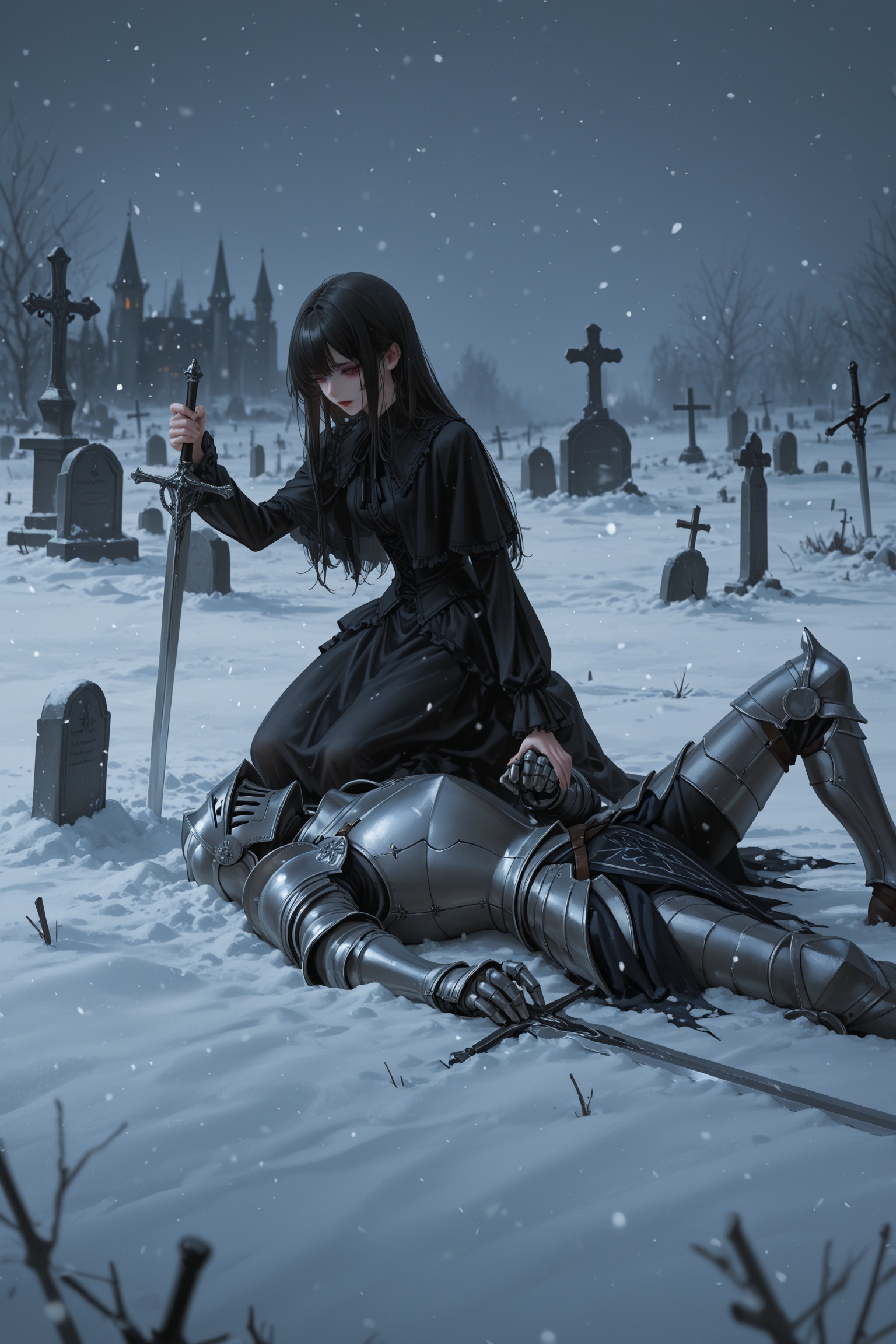 masterpiece,best quality,amazing quality,very aesthetic,absurdres,newest,highres,yoneyama mai:0.5,nixeu:0.5,somber and cinematic scene,a fallen knight resting and lying down against a gravestone in a snow-covered graveyard,the knight clad in full armor,grips a sword with hand,the blade buried in the snow,Snowflakes gently fall around him,melancholic atmosphere,background is a dark gothic castle looms that obscured by the swirling snow and mist,haunting beauty of a warrior's final rest,