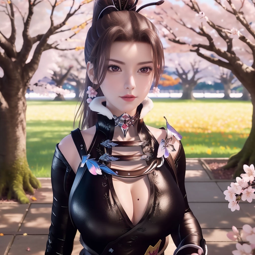 <lora:万界至尊-李雪衣-皮衣:0.8>, (,1girl, ,best quality, ),looking at viewer,  ,ultra detailed 8k cg,ultra realistic 8k cg, ,masterpiece, (( , )),, ,science fiction,mole, ,    ,(,cherry blossoms, autumn leaves,perfect cherry blossom,   ), (cleavage),, butterfly,
