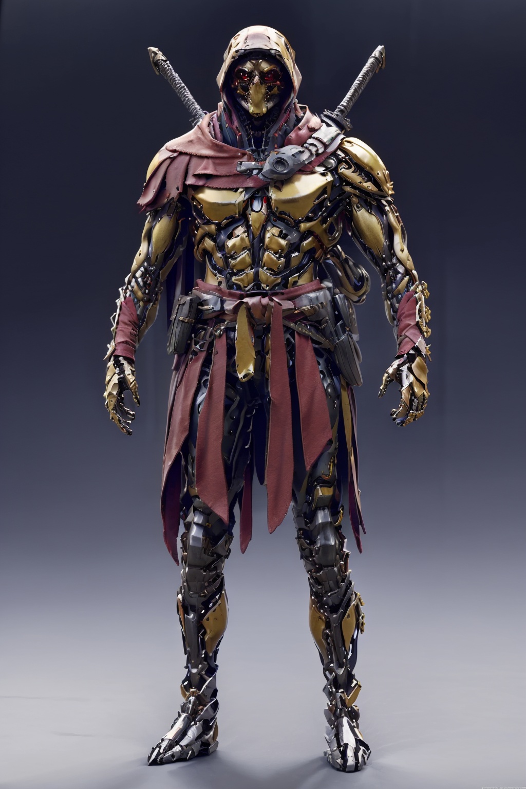 hjyalienrobot,(1girl:1.3),mecha,robot,complex,solo,weapon,Muscular exoskeleton,science fiction,gold trim,masterpiece,best quality,(full body:1.3),<lora:hjyalienrobot-000009:0.7>,skull bone,metal,smooth helmet,<lora:hjyrobo5-000010:0.6>,sci-fi background,yellow and black,hood,cloak,red eyes,hood up,sheath,sheathed,signature,