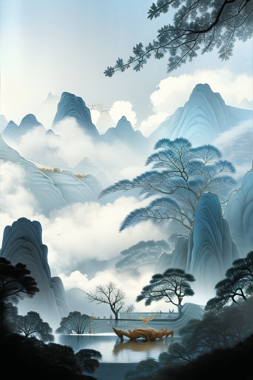 Porcelain landscape painting,outdoors,sky,day,cloud,water,tree,no humans,animal,cloudy sky,scenery,mountain,antlers,deer,