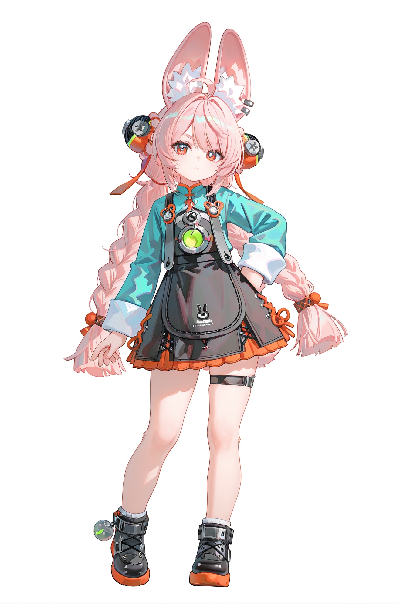 8k,best quality,masterpiece,(ultra-detailed),(high detailed skin),((artist:reoen),(artist:fuzichoco),(artist:atdan),(artist:torino_aqua),year 2024:0.8)1girl,[artist:wlop],[artist:ningen_mame],artist:ciloranko,[[artist:rhasta]],artist:tidsean,colorful,full body,full shot,standing,(solo:1.2),simple background,(white background:1.2),hand on own hip,(white background:1.1),looking at viewer,<lora:zhao-noob-Tanger-000014:0.8>,Zhao \(Zenless Zone Zero\),little girl,little furry female,zhao animal ear fluff,Zhao def hair ornaments,clothes: zhao def cyan and black dress,1girl,long hair,tail,braid,thigh strap,Be short of stature,short legs,ω,rabbit head,