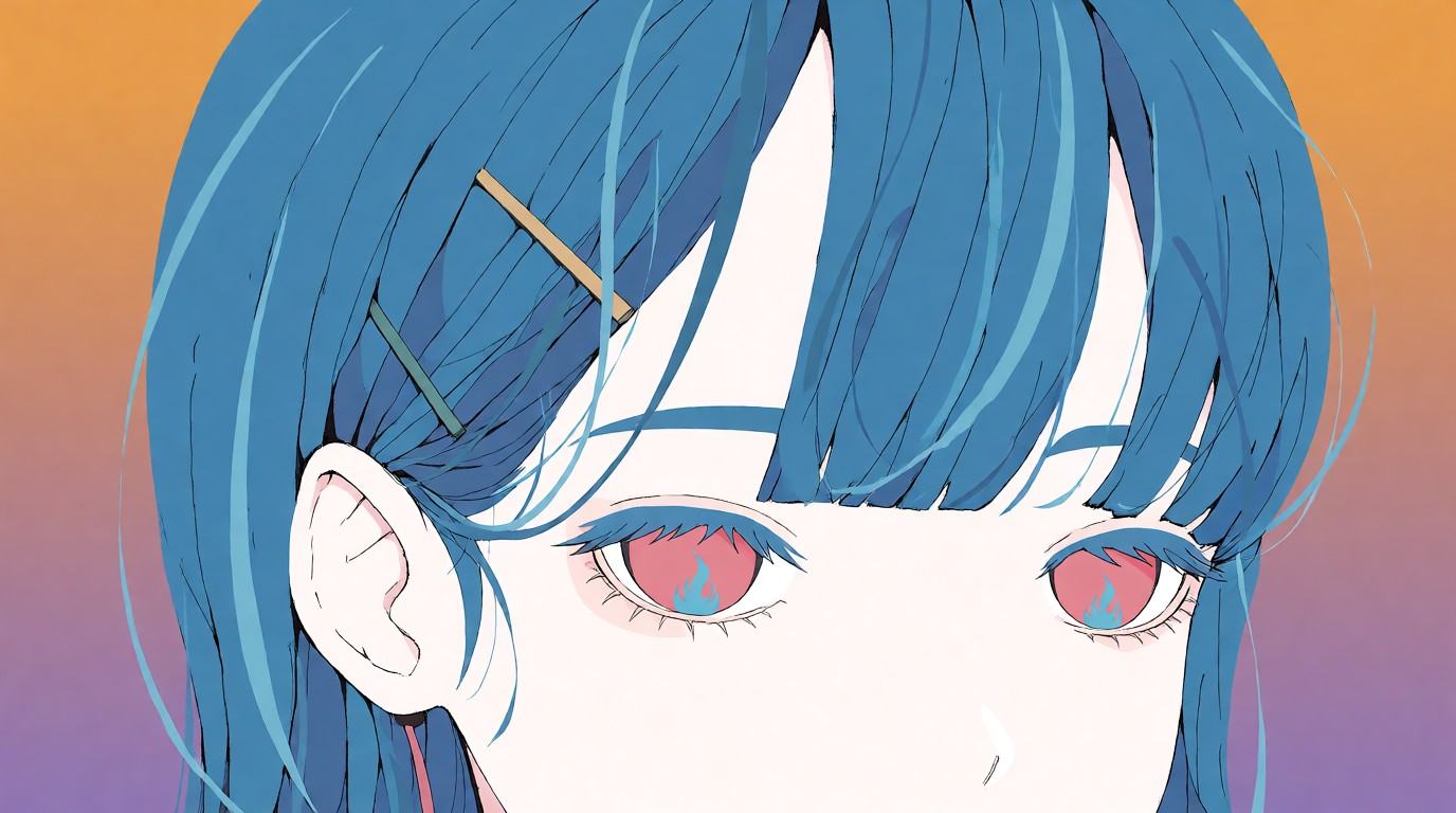 a portrait of ncg. Flat 2D anime-style illustration,  close-up. Blue hair with fine,  interwoven strands and hair clips. H...