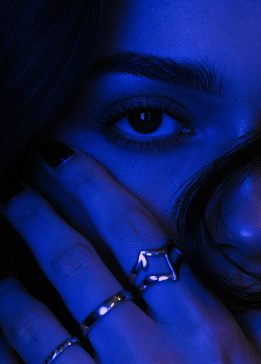 This is a close-up photograph of a woman's face and hand,  bathed in a monochromatic blue light. The image focuses on her...