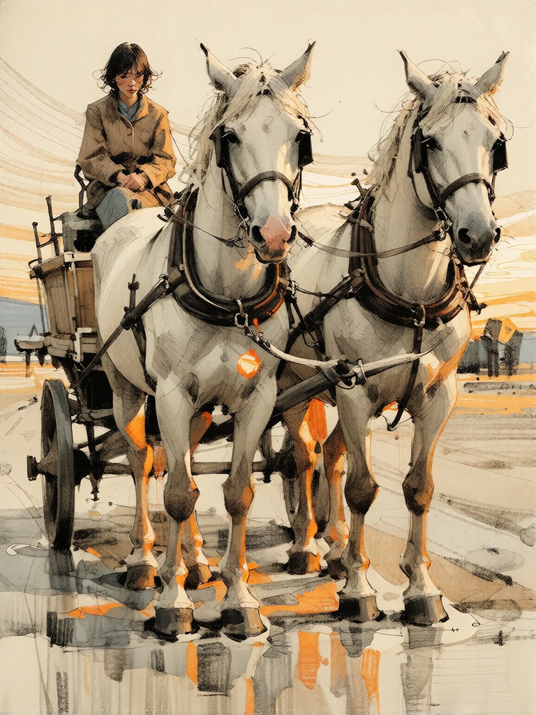 Bradhamel art style. A luminous,  impressionistic painting of two large draft horses harnessed to a wooden cart,  their bo...