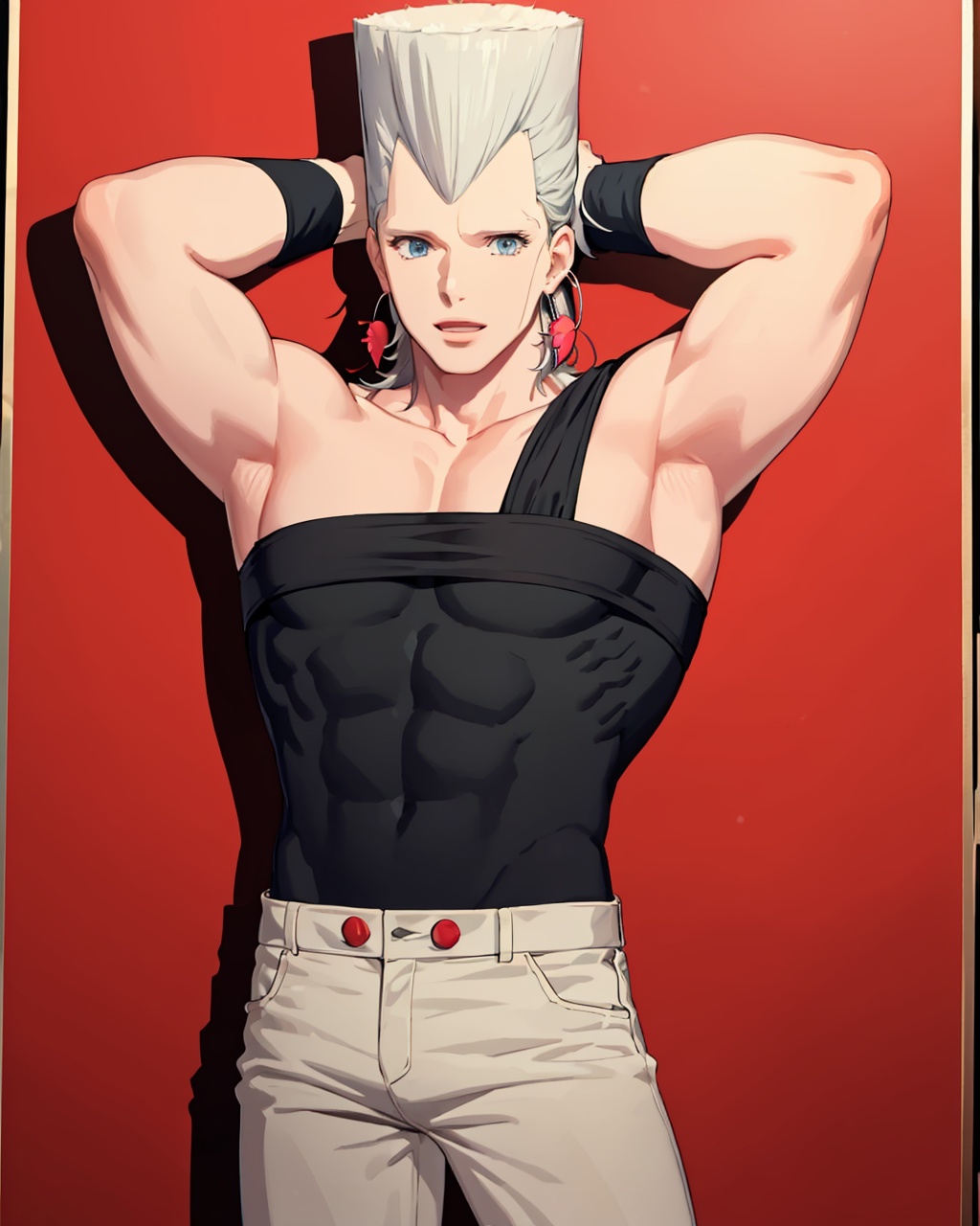 masterpiece,best quality, highly detailed, jean pierre polnareff,solo, earrings, 1boy, male focus, traditional media, muscular, armpits, wristband, arms up,<lora:jean_pierre_polnareff:1>