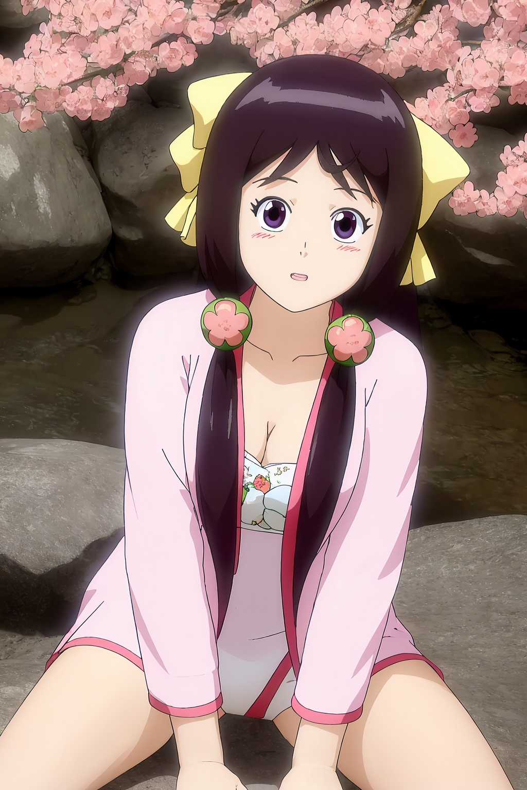 sitting, (hand_between_legs), dress, chinese_clothes, long_sleeves, looking_at_viewer, (scenery, waterfall, cherry_blossoms, milfeulle_sakuraba, petals, water, stone),1girl, solo, long_hair, hair ornament, blush, bow, hair_bow, flower, hair_flower, jewelry, earrings, (cleavage),white_legwear,fingernails, nail_polish, makeup, (petite),photo_\(medium\),(8k, RAW photo, best_quality), (masterpiece:1.2),(realistic), (photorealistic:1.3), (ultra-detailed),(extremely_detailed_cg_8k_wallpaper),(crystal_texture_skin:1.3), (shiny:1.2),(shiny_skin:1.4),(extremely_delicate_and_beautiful),<lora:syqiangk_心R柔_5.2:0.8>,