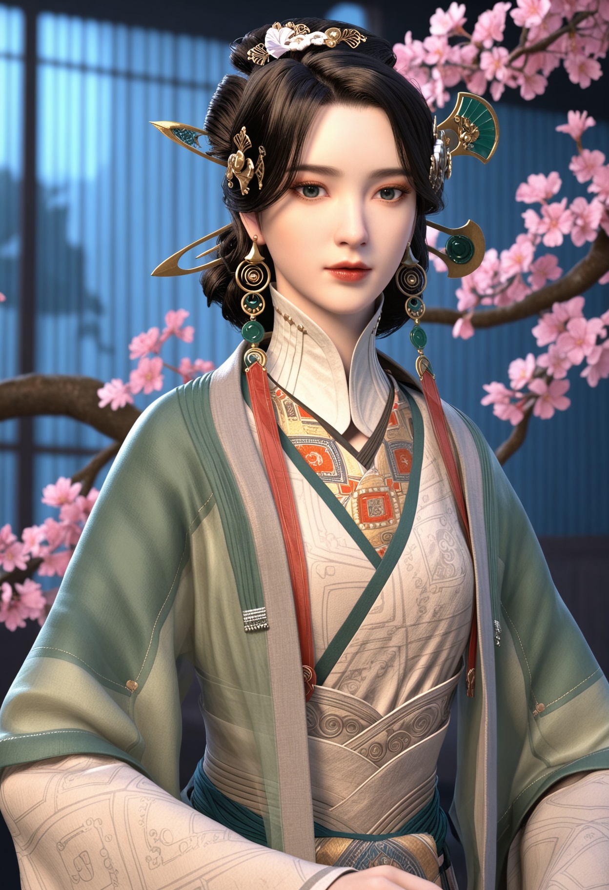 (upper_body:1.2),(looking at viewer:1.1),masterpiece,(best quality),smog,Dark room,dim lighting,peach blossom,falling petals,<lora:YQ_Illustrious光辉v5_须妍_V1:0.8>,q1528437228,1girl,solo,jewelry,hair ornament,earrings,chinese clothes,black hair,hanfu,brown hair,long sleeves,wide sleeves,hair stick,green eyes,updo,hair bun,tassel,blue eyes,black eyes,brown eyes,necklace,hair flower,