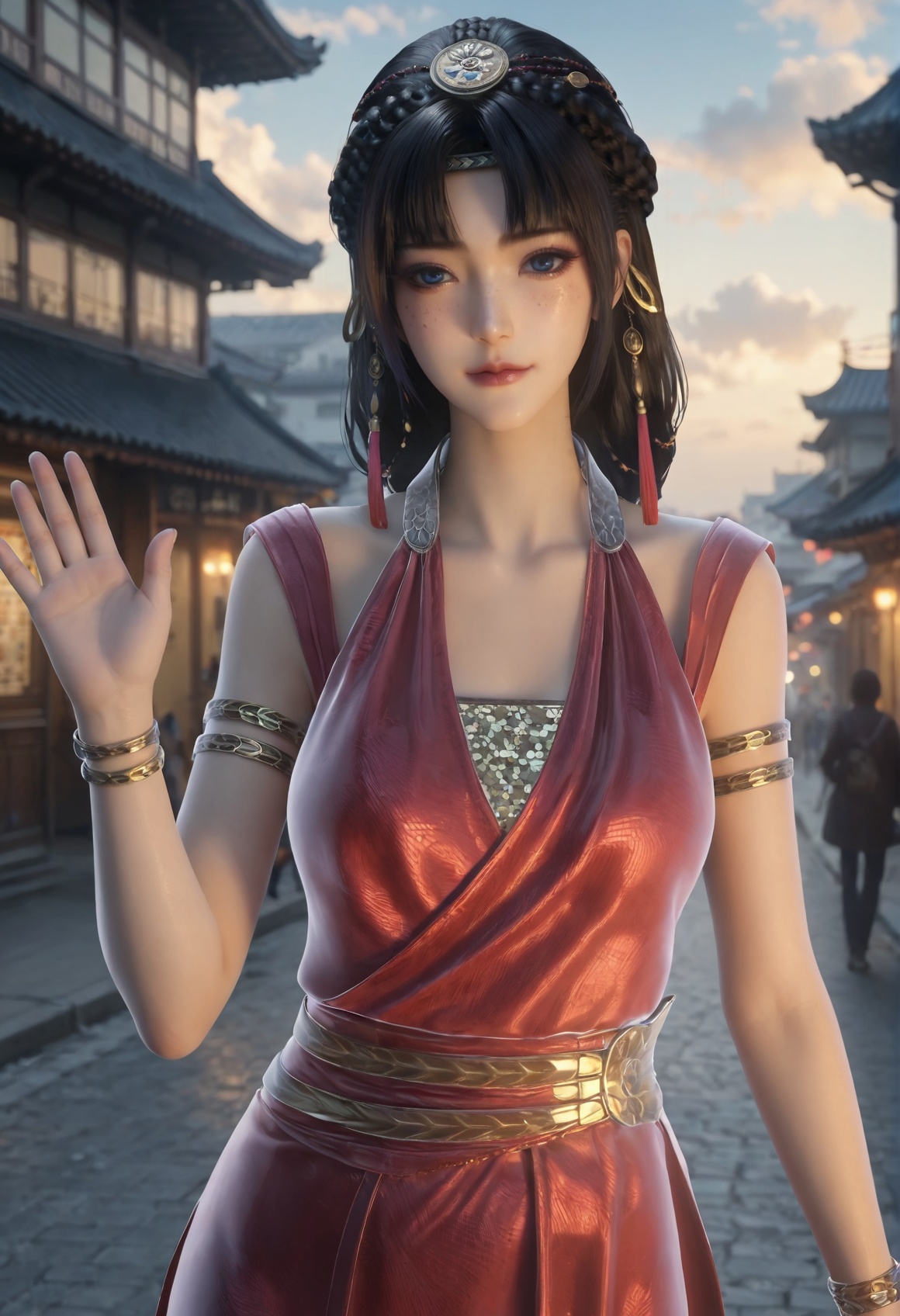 (score_9),<lora:研丽-Apony:0.85>,yanli,(mature_female:1.1),solo,black hair,braid,hair tassel,hair ornament,freckles,bangs,sleeveless dress,armlet,belt,bracelet,<lora:perfect eyes_v1:0.8>,front view,looking at viewer,blue eyes,<lora:Expressive_H-000001:0.8>,(waving),(glamor:1.2),collarbone,pointy breasts,puffy breasts,large breasts,curvy,outdoors,street,blue sky,blur background,building,city,cloud,cloudy sky,day,depth of field,<lora:e肤色滑块:0.5>,<lora:e色温:-0.35>,