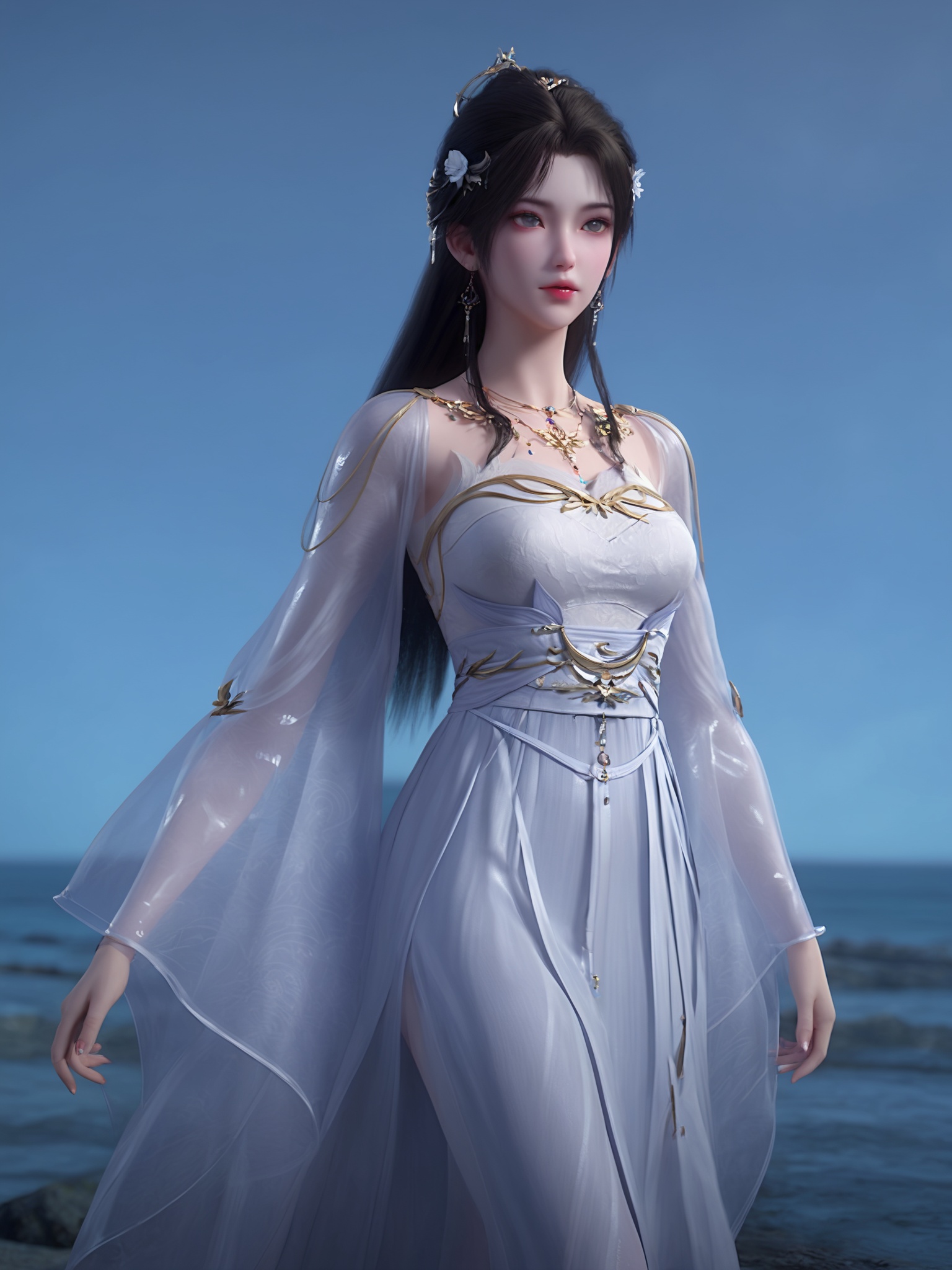 realistic style photo outstanding style,tall,cute,in her teens. Use soft lighting to cast gentle shadows on the subject,adding a touch of dimension to your images without compromising details,score_9,score_8_up,score_7_up,Seaside,beach,waves,<lora:清漪Pony:0.8>,1girl,long,straight black hair is styled in an intricate updo,adorned with a white flower and small silver ornaments.white gown with golden accents,giving it a regal,fairy-like appearance.,
