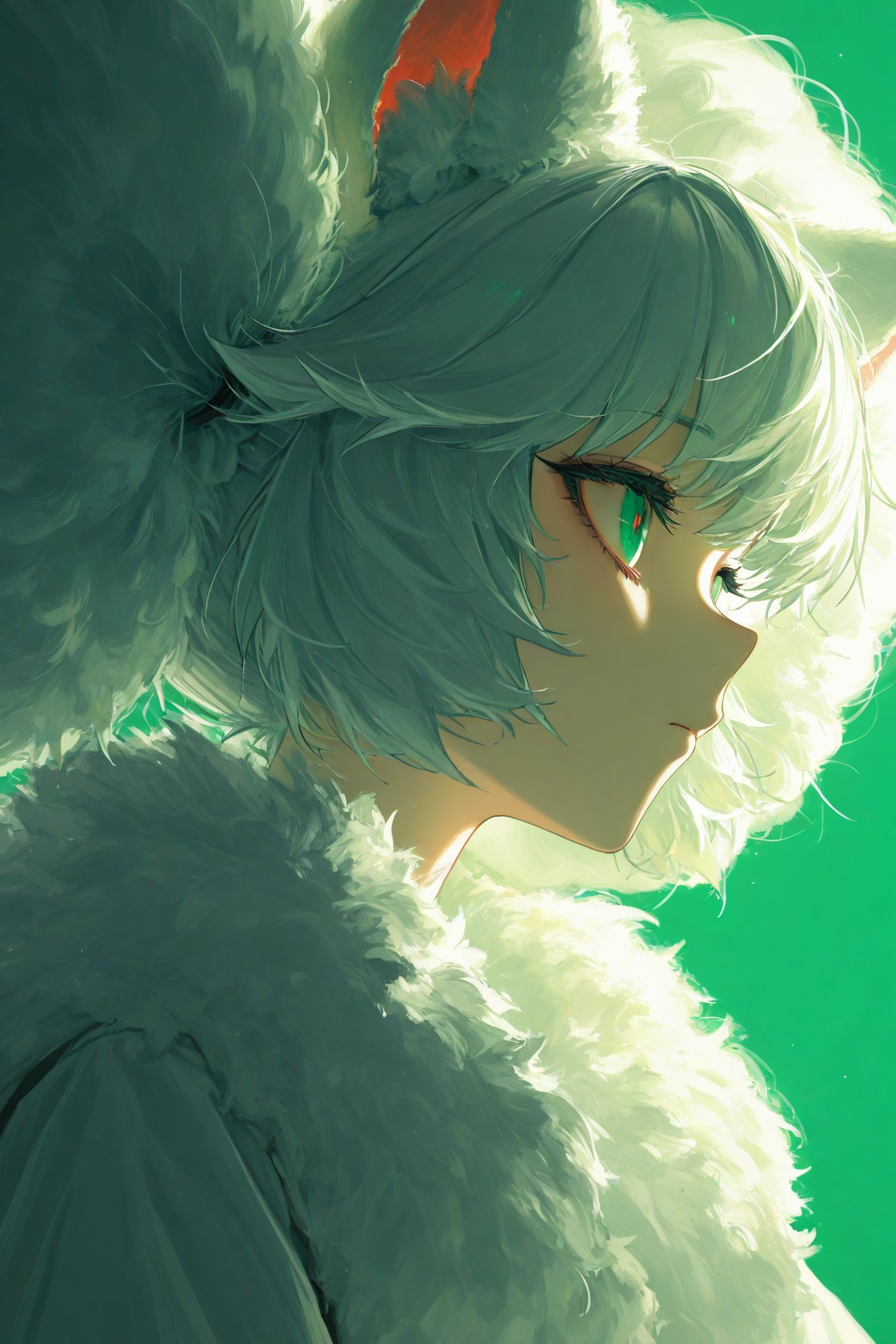 texture masterpiece, best quality, best quality, [quasarcake:crain1art:9], [dlgeria::9], (xxyt-xx:0.85), chen bin, (as109:0.5), fagun_yibei, berryverrine,cinematic, 1girl, green, fluffy hair, from side, looking ahead, afro puffs, hair_flaps, big hair, animal_ears top down close-up