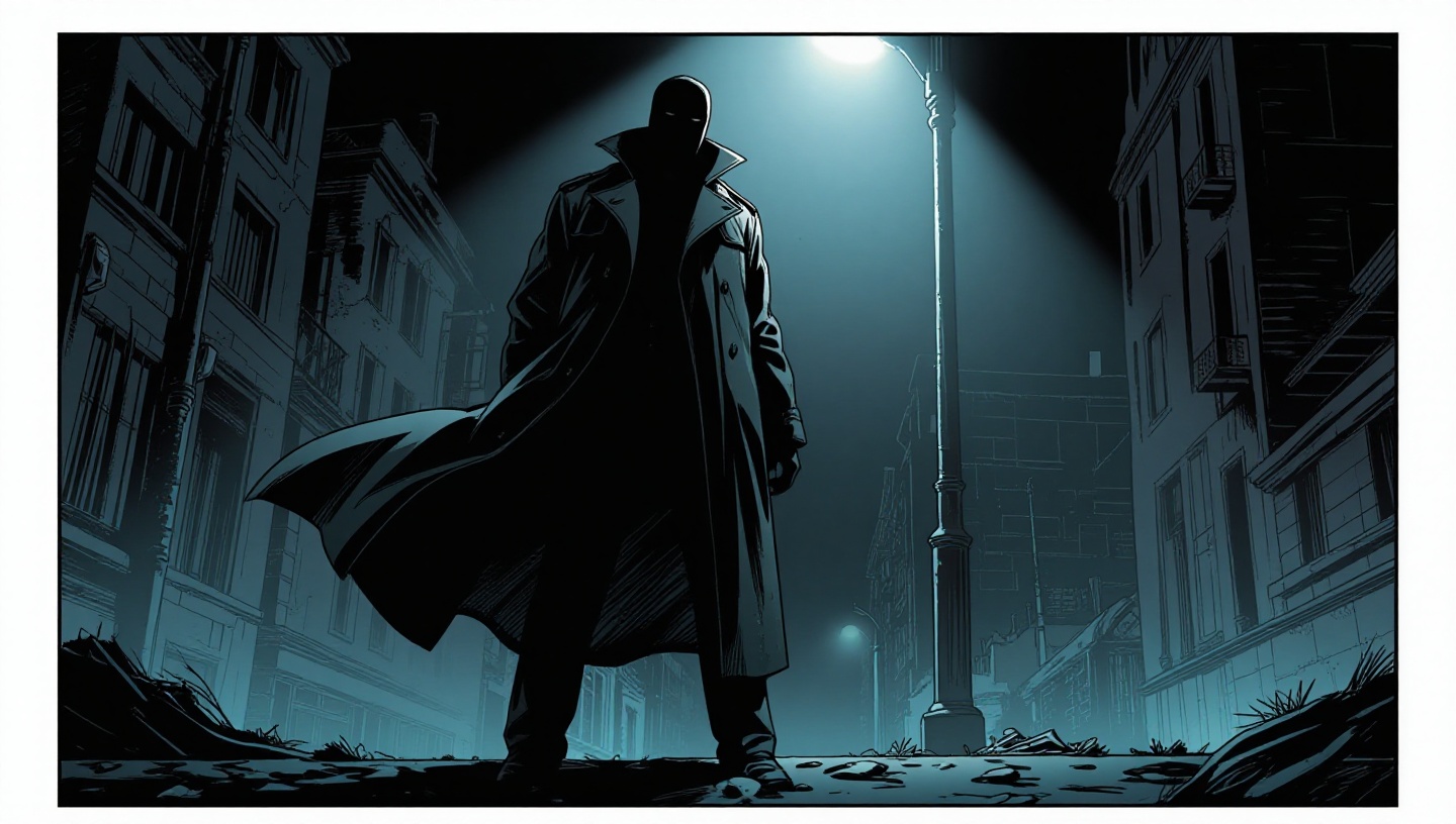 (comic book page),  Shadowy figure standing under flickering streetlight,  trench coat flowing on Tensor.Art