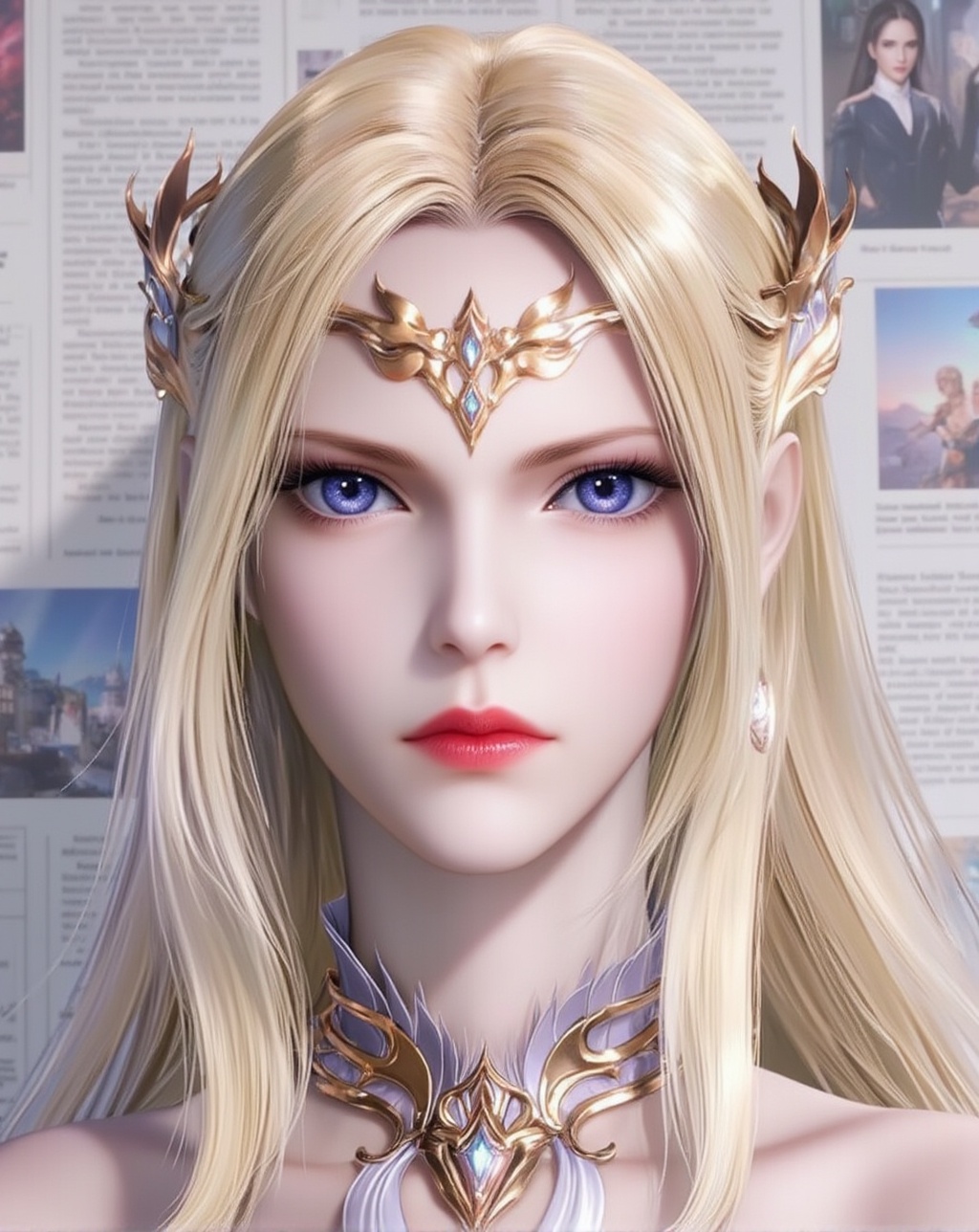 <lora:千仞雪·百搭版8:1.2>,qianrenxue,1girl,solo,blue eyes,blonde hair,hair ornament,long hair,closed mouth,looking at viewer,jewelry,cover,gradient background,close-up details,outstanding style,adding a touch of dimension to your images without compromising details,close-up,<lora:DJ滤镜_2.5D版:0.4>,lvjing,<lora:油画唯美滤镜15:0.2>,baoshi,<lora:报纸背景·5:0.4>,baozhi,paper,newspaper,the newspaper wall,newspaper background,
