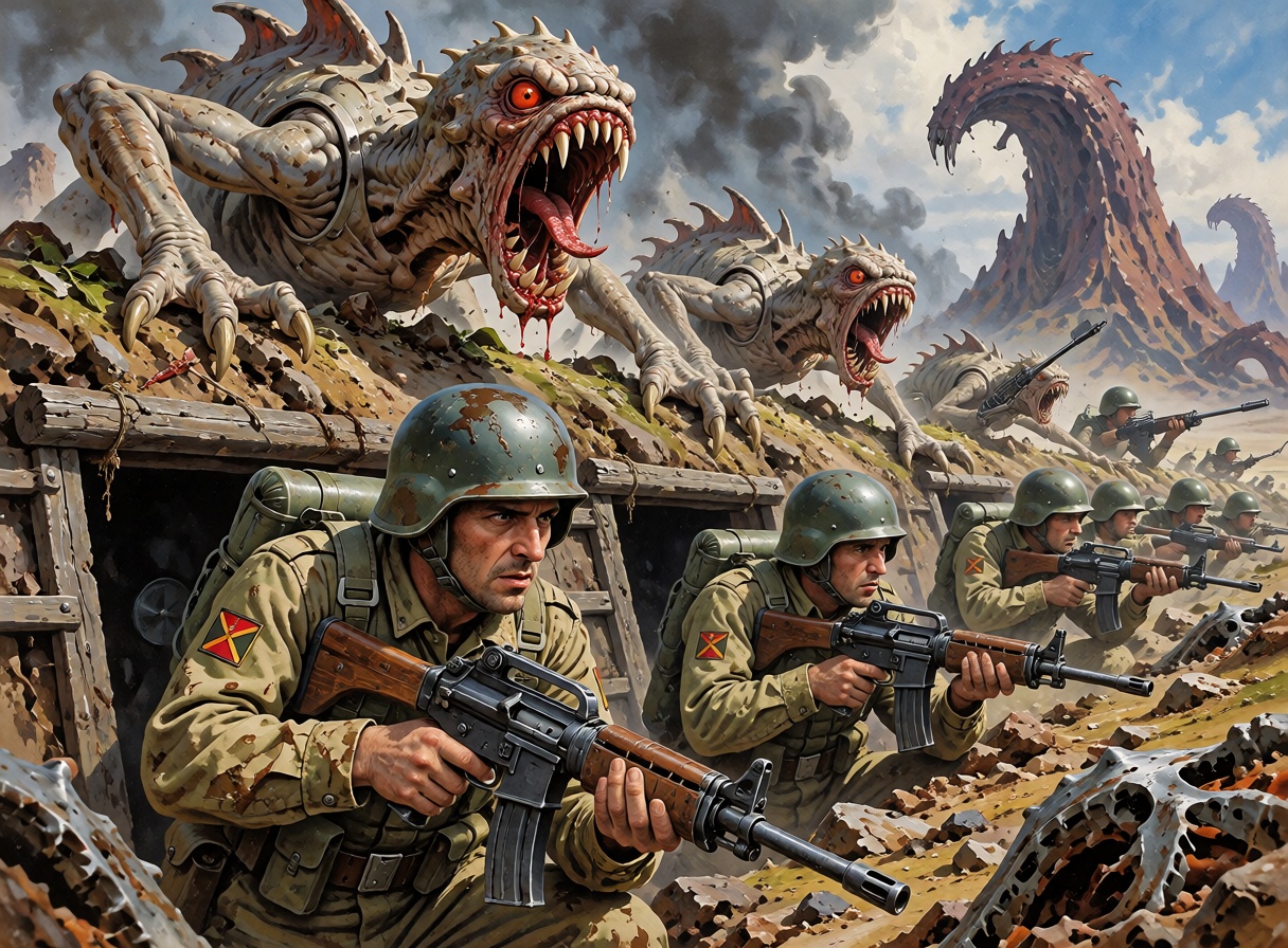 Sci-fi infantry crouched in defensive trenches on an alien battlefield while grotesque monsters crawl over the ridge,  ret...