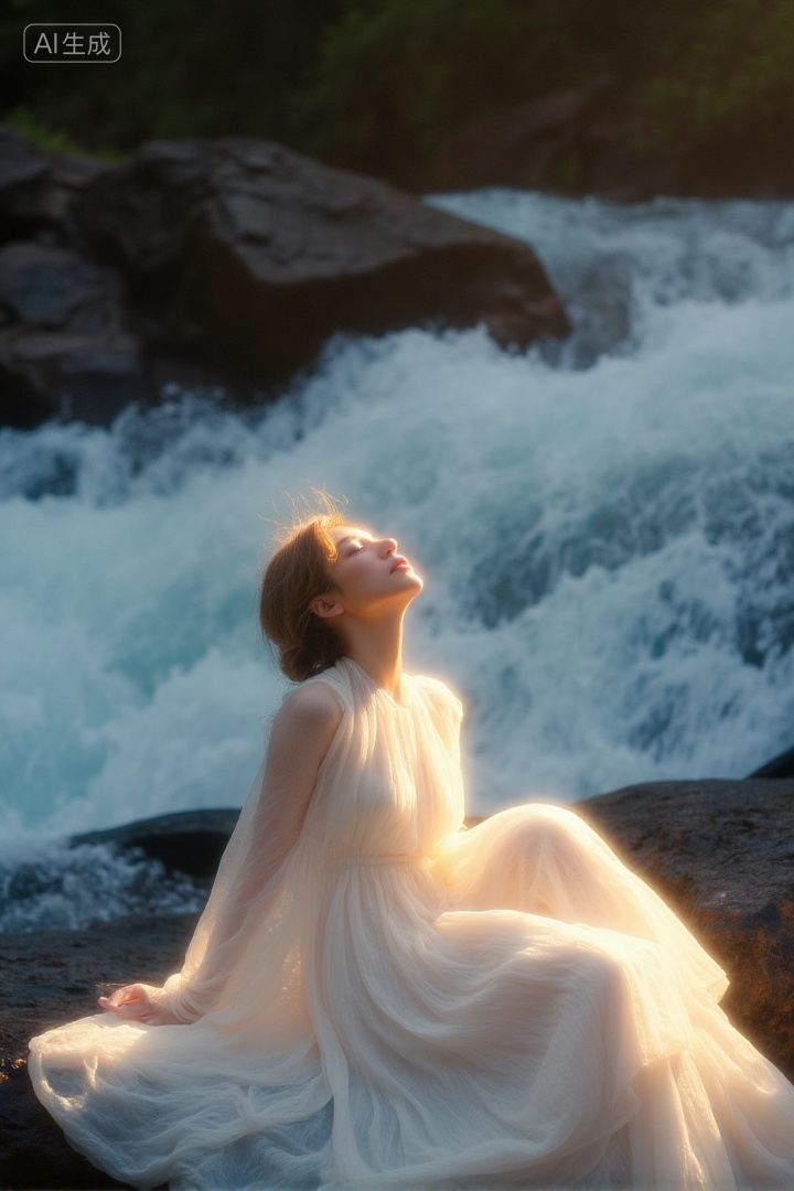 A woman in a flowing white gauze dress, sitting on rocks by a rushing stream, leaning back with head tilted up, warm sunlight creating a halo on her dress, contrast with blue - white water, ethereal and poetic atmosphere, integration of human and nature, soft and dreamy lighting., Negative prompt: ng_deepnegative_v1_75t,(badhandv4:1.2),EasyNegative,(worst quality:2),,nsfw, Steps: 30, Sampler: Euler, CFG scale: 3.5, Seed: 3827224631, Size: 720x1080, Model hash: 8cba4f1ef4, Model: F.1基础算法模型-哩布在线可运行_F.1-dev-fp8.safetensors, Denoising strength: 0, RNG: CPU, Lora 1: 20250913-1757780180322-0001, Lora Hash 1: 2c61ab8cf8, Lora Weight 1: 0.8, vae_name: automatic