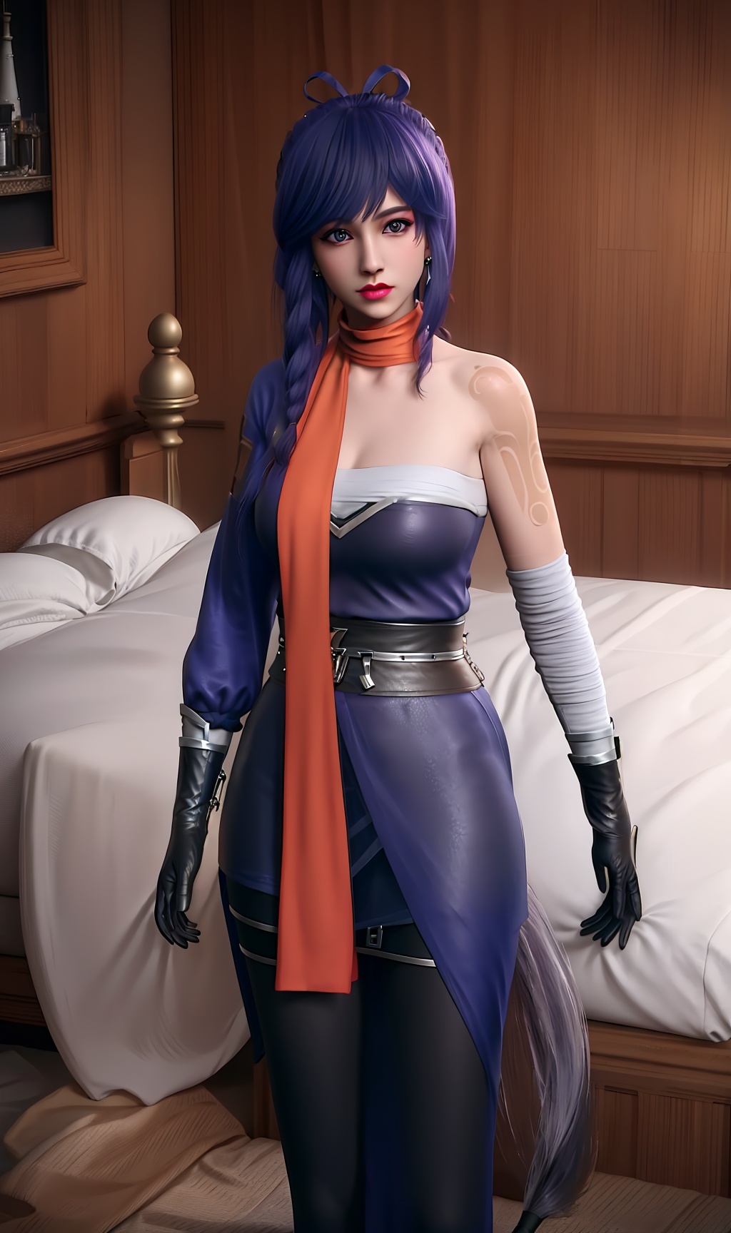 3D,masterpiece,(best quality),(makeup),official art, extremely detailed cg 8k wallpaper,((crystalstexture skin)), (extremely delicate and beautiful),(highly detailed),(face),(collar:1.000),(braid),(tattoo),(scarf),(black_gloves),(closed_mouth),(1girl), (solo), (jewelry), (earrings),(blue_hair),(long_hair),(hair_ornament),(handwear),(breasts),(standing),((upper_body)),(dress),(skirt),(shiny_clothes),(long_legs),(city,indoor,bed),(multicolored_clothes),(multicolored_dress),(animal_tail),,(sash)),(black_pantyhose),(tail),,((looking_at_viewer)),((Facing the camera)),, <lora:hipoly3DModelLora_v10:0.3>