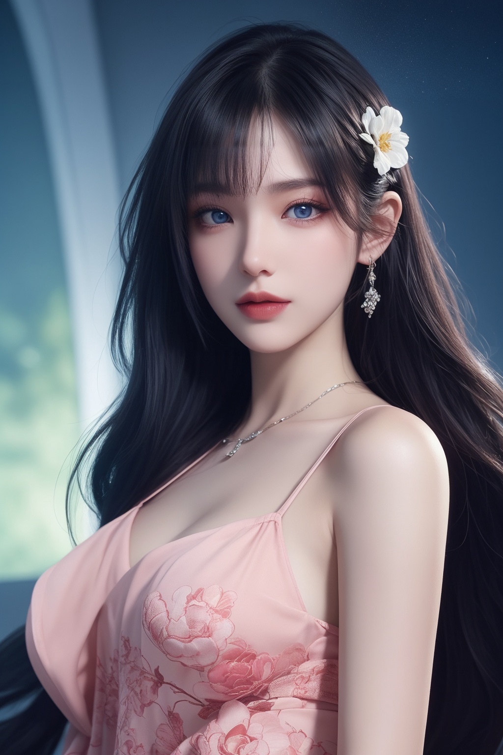 1girl, aurora, bamboo, bangs, bare shoulders, blue eyes, branch, breasts, city lights, cleavage, cloud, constellation, crescent moon, dress, fireflies, flower, full moon, gem, hair flower, hair ornament, jewelry, large breasts, leaf, light particles, lips, long hair, looking at viewer, milky way, moon, moonlight, night, night sky, outdoors, palm tree, pink lips, plant, shooting star, sky, solo, space, star \(sky\), starry sky, tanabata, tanzaku, tree, very long hair  <lora:彩儿:0.66>