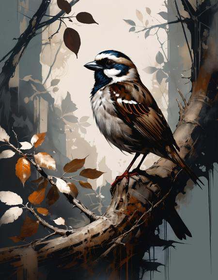 Sparrow in a treetop. Rococo pattern. in a hyperdetailed approach akin to the works of Russ Mills,  Alan Lee and Eric Cane...