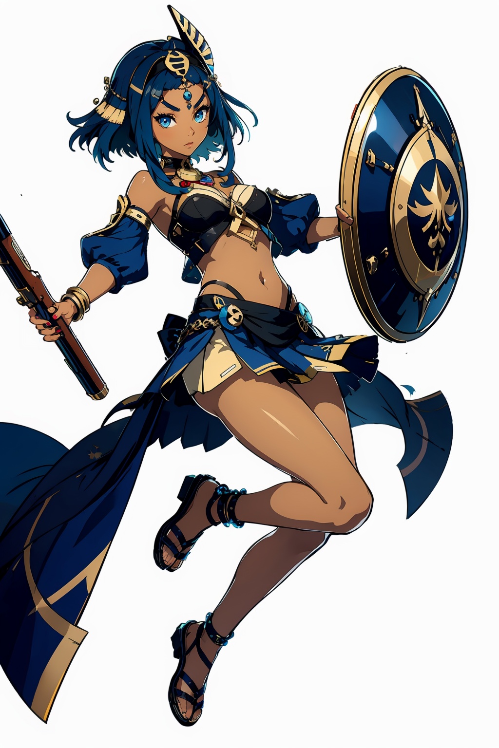 (masterpiece, best quality,top quality),[(white background:1.2)::5],(wide shot:0.95),Dynamic angle,(full body),<lora:GI_CVP-v15:1>,gicvp,candace \(genshin impact\),1girl,*****,female's body type,sumeru,hydro,solo,heterochromia,weapon,yellow eyes,eye of horus,(dark skin:1.2),holding,dark-skinned female,shield,holding weapon,gun,blue hair,simple background,navel,breasts,short hair with long locks,bangs,hairband,egyptian clothes,looking at viewer,detached sleeves,holding gun,sandals,jewelry,holding shield,bare shoulders,closed mouth,sidelocks,medium breasts,hair ornament,polearm,midriff,nail polish,dual wielding,toenails,stomach,skirt,toenail polish,neck ring,gladiator sandals,blue eyes,crop top,depth_of_field,particle effects,