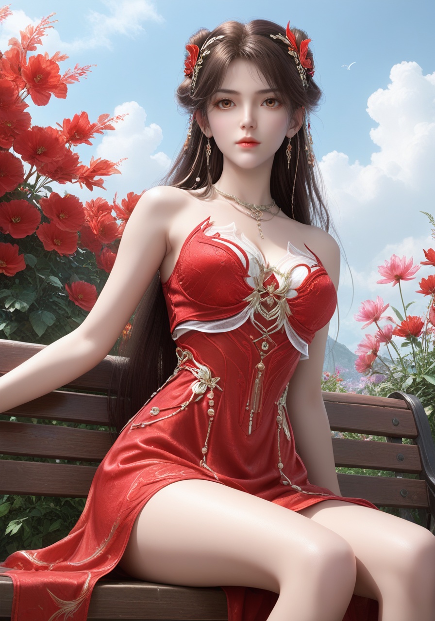 score_9,score_8_up,score_7_up,1girl,long hair,breast,medium breast,earrings,hair_ornament,dress,brown hair,brown eyes,high quality,realistic,thick_thighs,red dress,<lora:wy_huolinger_ts_XLcs:0.8>,gaden,sitting,bench,flower,from_below,disgust,