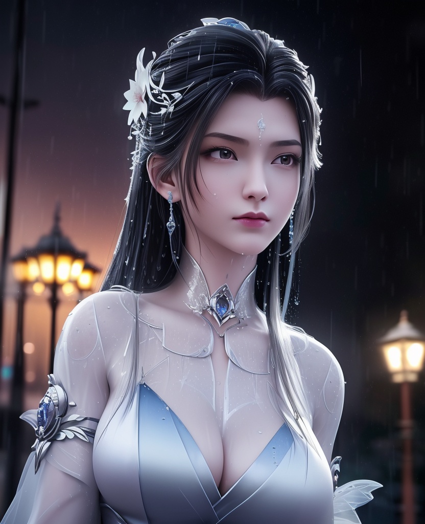 <lora:706-DA-诛仙-陆雪琪-新装束:0.8>(,1girl, ,best quality, ),looking at viewer, ,ultra detailed 8k cg, ultra detailed background,  ultra realistic 8k cg,          cinematic lighting, cinematic bloom, (( , )),,  , unreal, science fiction,  luxury, jewelry, diamond, pearl, gem, sapphire, ruby, emerald, intricate detail, delicate pattern, charming, alluring, seductive, erotic, enchanting, hair ornament, necklace, earrings, bracelet, armlet,halo,masterpiece, (( , )),,  ,cherry blossoms,(((, night,night sky,lamppost,  ultra high res, (photorealistic:1.4), raw photo, 1girl, , rain, sweat, ,wet, )))(( , ))   (cleavage), (),
