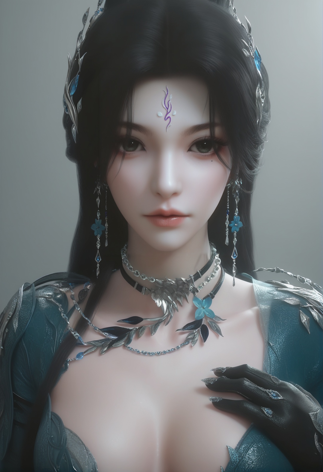 supermodel,score_8_up,score_7_up,hyperdetailed,hyperrealistic,volumetric lighting,focus on face,textured skin,eye lighting,SkinHairDetail,zPDXL,intricate and refined delicate details,unreal engine,very attractive,ultra high res,Expressiveh,realistic skin,score_9,score_8_up,score_9,score_8_up,1 girls,high cold face,yujie,perfect round large,breasts,jewelry,beautiful eyes,detailed eyes,breast,<lora:曦和岚月门:0.8>,black hair,choker,dress,earrings,expressionless,eye focus,facial mark,forehead mark,gloves,hair ornament,necklace,upper body,xihe,