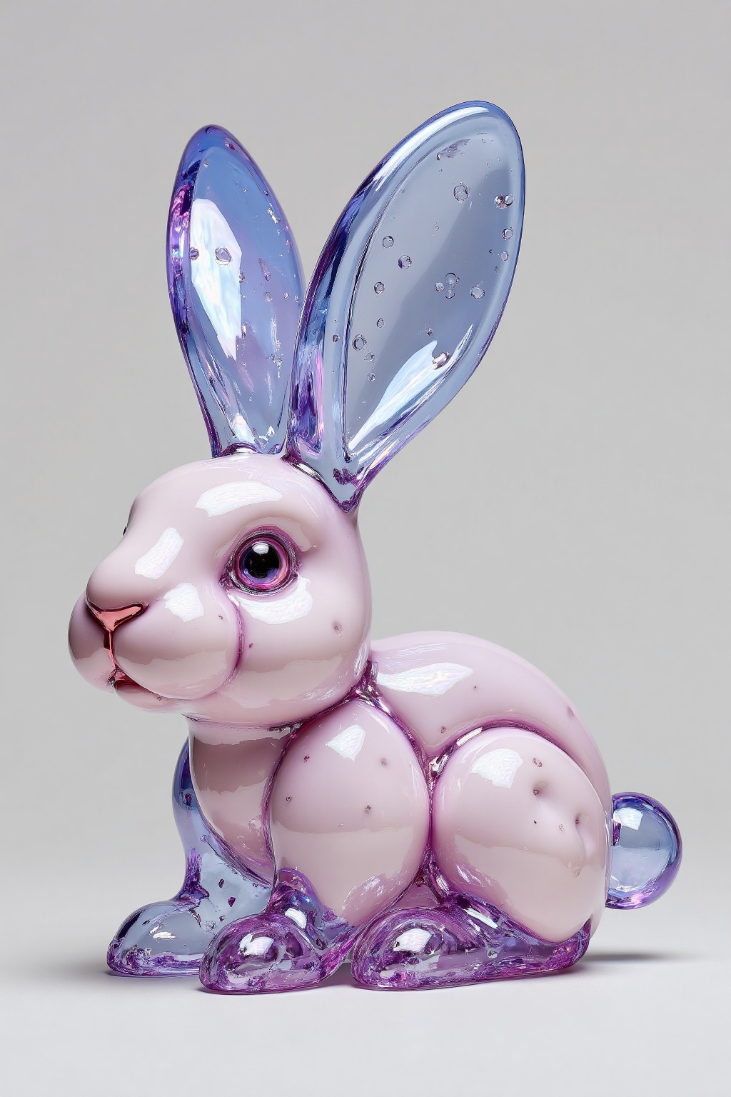 beijihui,a pink glass rabbit is adorned with clear bubbles. The rabbit's ears are adorned with a blue tint, adding a pop of color to the scene. The background is a stark white, creating a stark contrast to the pink glass. The bunny's eyes are tinted red, adding depth to the composition.