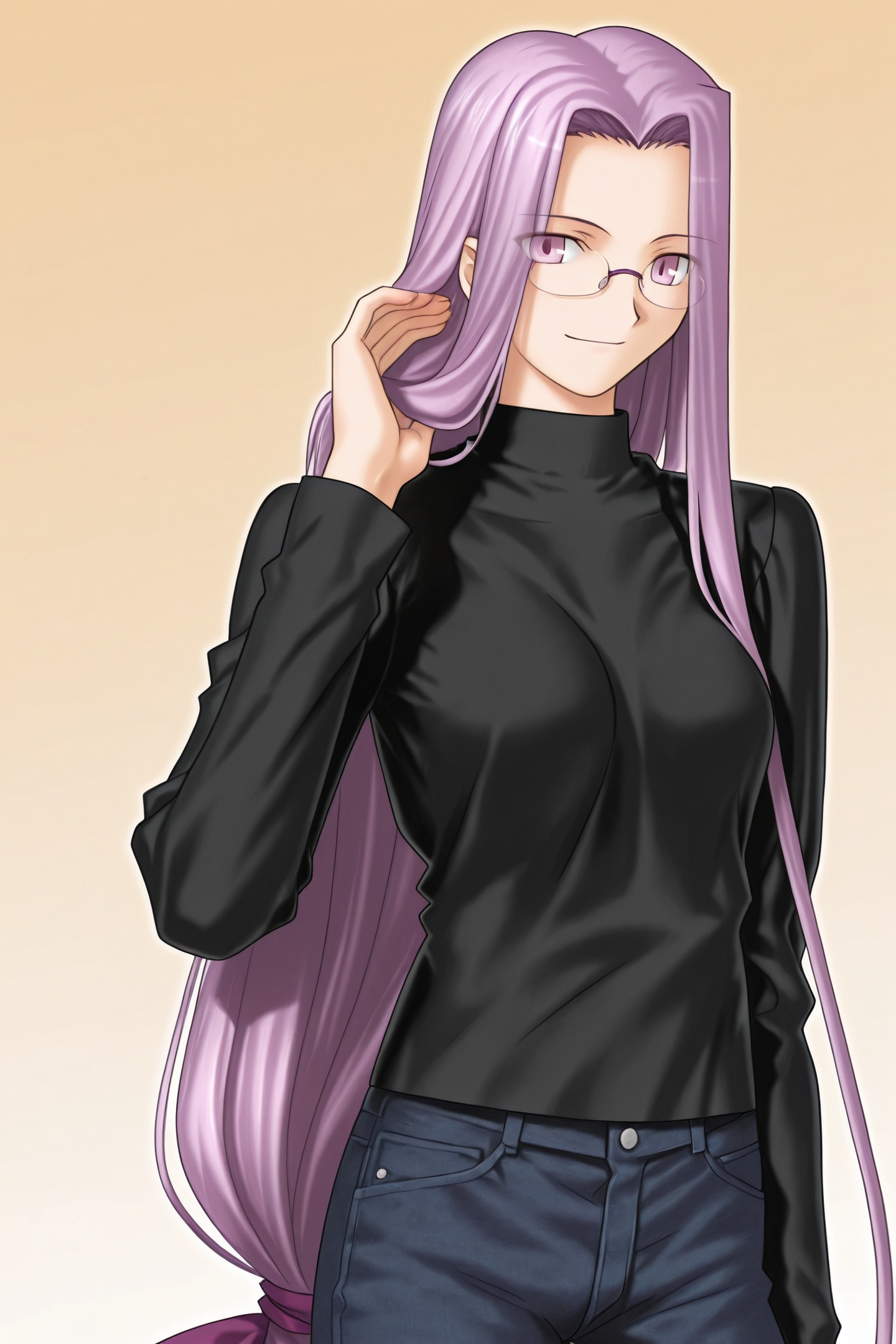 Fate stay night Style,1girl,medusa \(fate\),solo,long hair,low-tied long hair,glasses,very long hair,denim,jeans,purple hair,pants,purple eyes,long sleeves,turtleneck,upper body,smile,<lora:Fate stay night_illustriousXL:1>,
