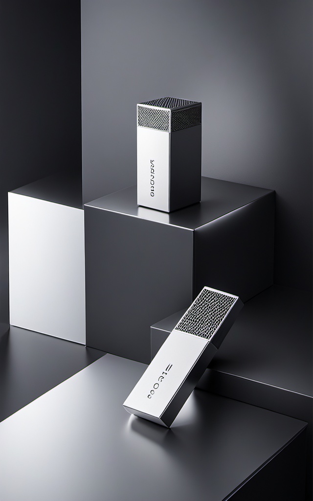 gaoji,Product photography,a commercial lens,two white and silver flash products placed in a metal structured space. The background is dark gray. This is a high-end design style. The overall aesthetic is modernism,fashion and minimalism. They have geometric shapes around them. Flat point of view. Product perspective. Studio lighting illuminates the scene,casting soft shadows and creating highlights that highlight details in a modernist,stylish and minimalist design style,<lora:GJsp4-XL-000005:0.9>,