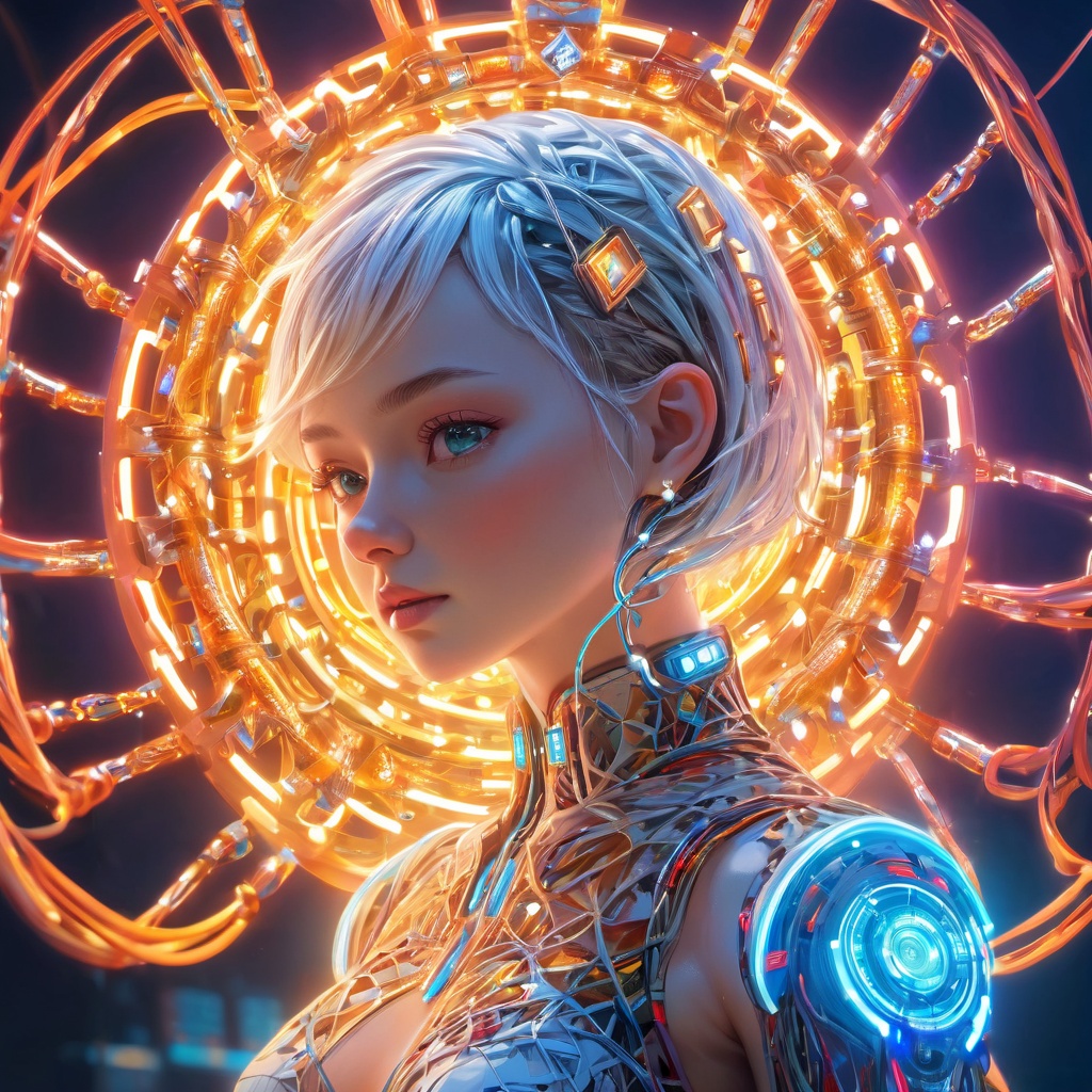 (scandinavian girl:1.2), cute face, long hair, frilly hairstyle,(full),latex dress, torso, body, 8k, ultra-detailed, highres, (best quality, masterpiece:1.2), (deformad neon light:1.3), soft particles of fractal fire,volumetric lighting, focus, colorful, ((extreme details)), glow, impossible figures, paradoxical art,paradox, impossible geometry, hypercube, Beautiful Psychedelic Trippy White Intricate Detailed Elaborate, solo, full body, (machine made joints:1.4), ((machanical limbs)), (explosed muscles), (blood vessels connected to tubes), (a brain in container:1.3),((mechanical vertebra attaching to back)), ((mechanical cervial attaching to neck)), ((sitting)), expressionless, (wires and cables attaching to head and body:1.5), small breasts, short hair, (character focus), science fiction, (high quality), best quality, (4k), 8k, super detailed, (full detail), (masterpiece), (realistic), super detailed,(Exquisite details) ,intricate,