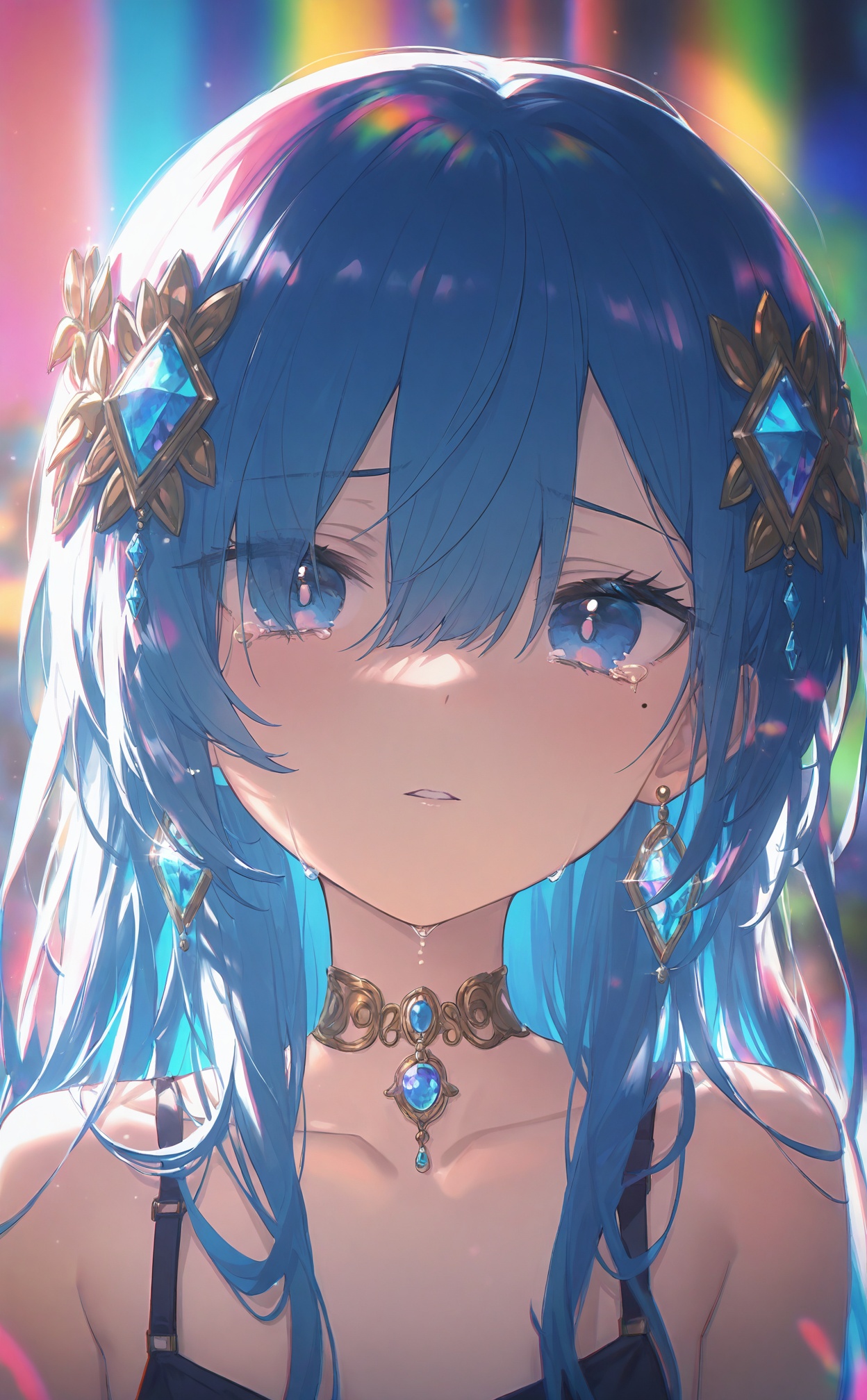 masterpiece,highres,absurdres,newest,best quality,high quality,loli,petite,chromatic_aberration,//,illustration,ultra detailed,hdr,Depth of field,(colorful),loli,1girl,solo,long hair,hair ornament,collarbone,looking at viewer,blue eyes,jewelry,parted lips,hair between eyes,earrings,bare shoulders,portrait,mole under eye,blue hair,mole,tears,//,<lora:konya_karasue3——【noob】hans:0.7>,