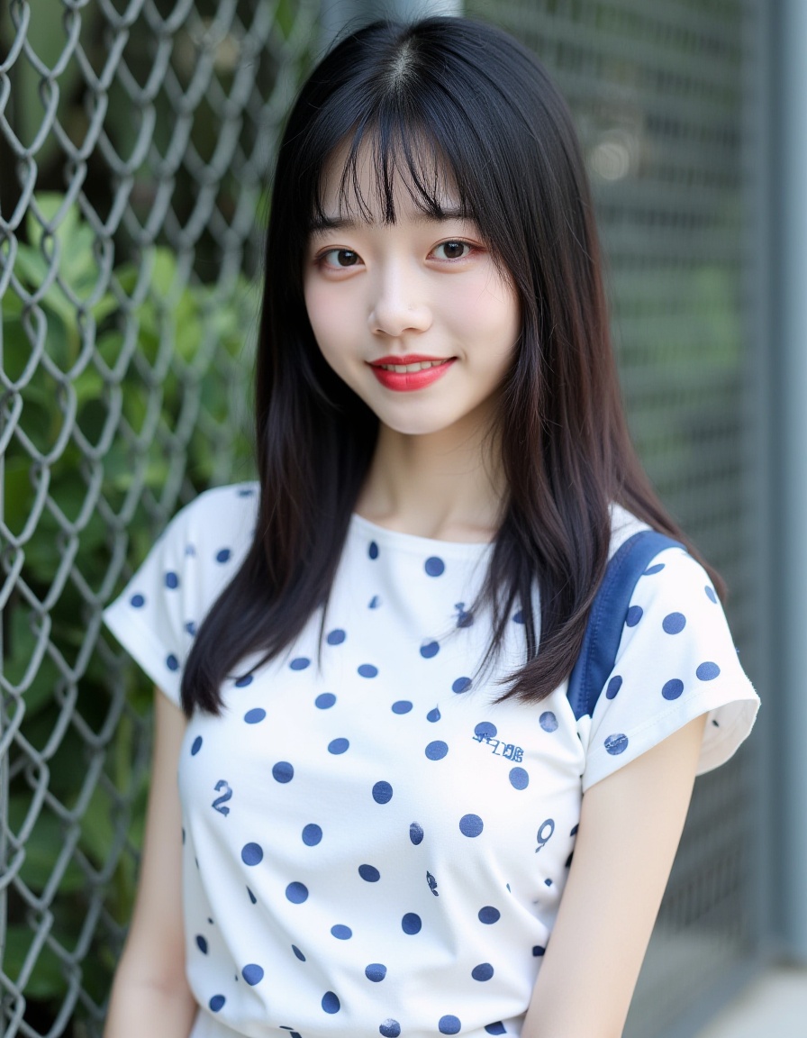 A photograph of a young East Asian woman with straight, long black hair and bangs, wearing a white short-sleeved shirt with blue and dark blue polka dots. She has fair skin, a slim build, and is standing in front of a metal chain-link fence, with greenery visible in the blurred background. Her expression is neutral, and she has a delicate, natural makeup look with red lipstick.
