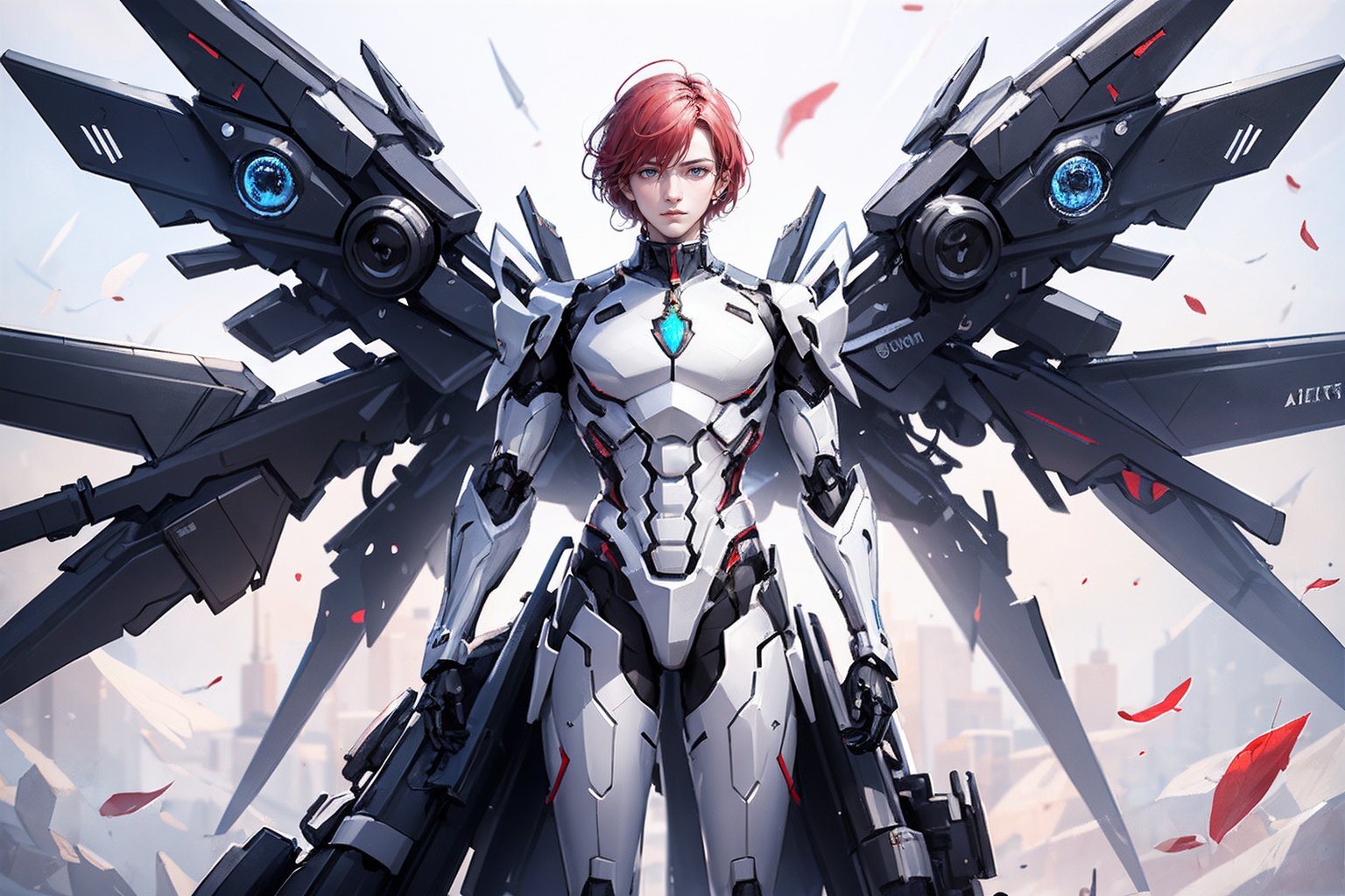 1boy,concept artwork,red hair,(a lonely solo boy:1.4),sky,wing,sitting on the ground,wings with fans,graphics card fan,strong male mecha warrior,mighty and domineering,cool mecha,32k,blue and white color scheme,white armor,<lora:atai_20240121203524-000008:0.7>,white_background,standing,cowboy_shot,