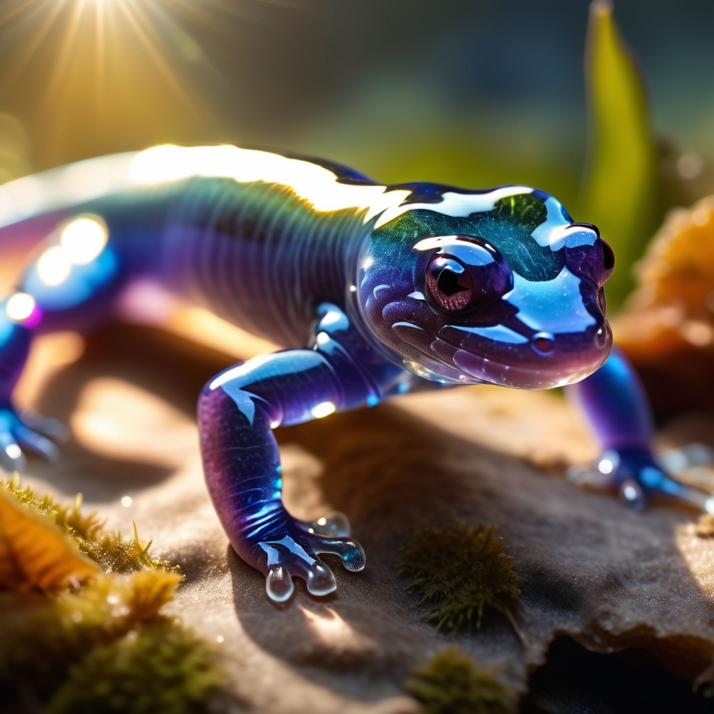 extremely detailed 32k UHD RAW photo depicting a perfect salamander entirely made of crystal,  showcasing a multifaceted t...
