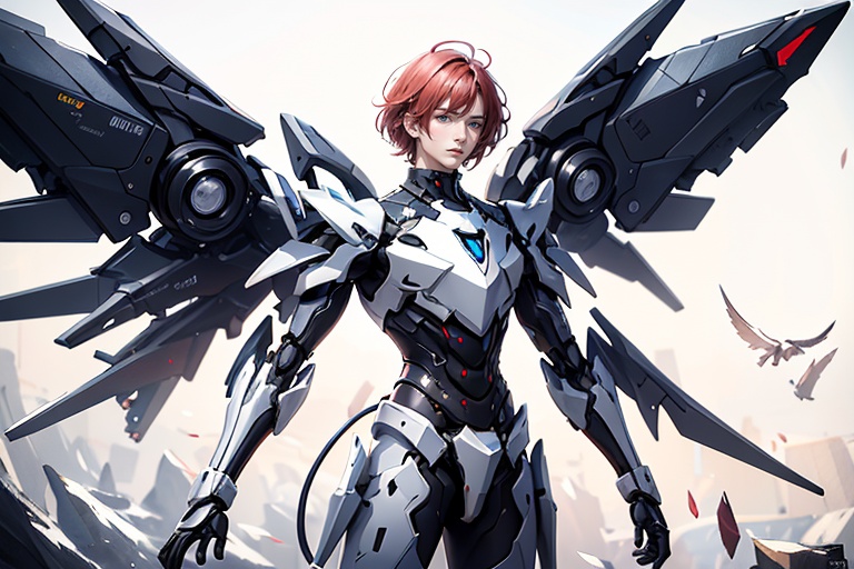 1boy,concept artwork,red hair,(a lonely solo boy:1.4),sky,wing,sitting on the ground,wings with fans,graphics card fan,strong male mecha warrior,mighty and domineering,cool mecha,32k,blue and white color scheme,white armor,<lora:atai_20240121203524-000008:0.7>,white_background,standing,cowboy_shot,
