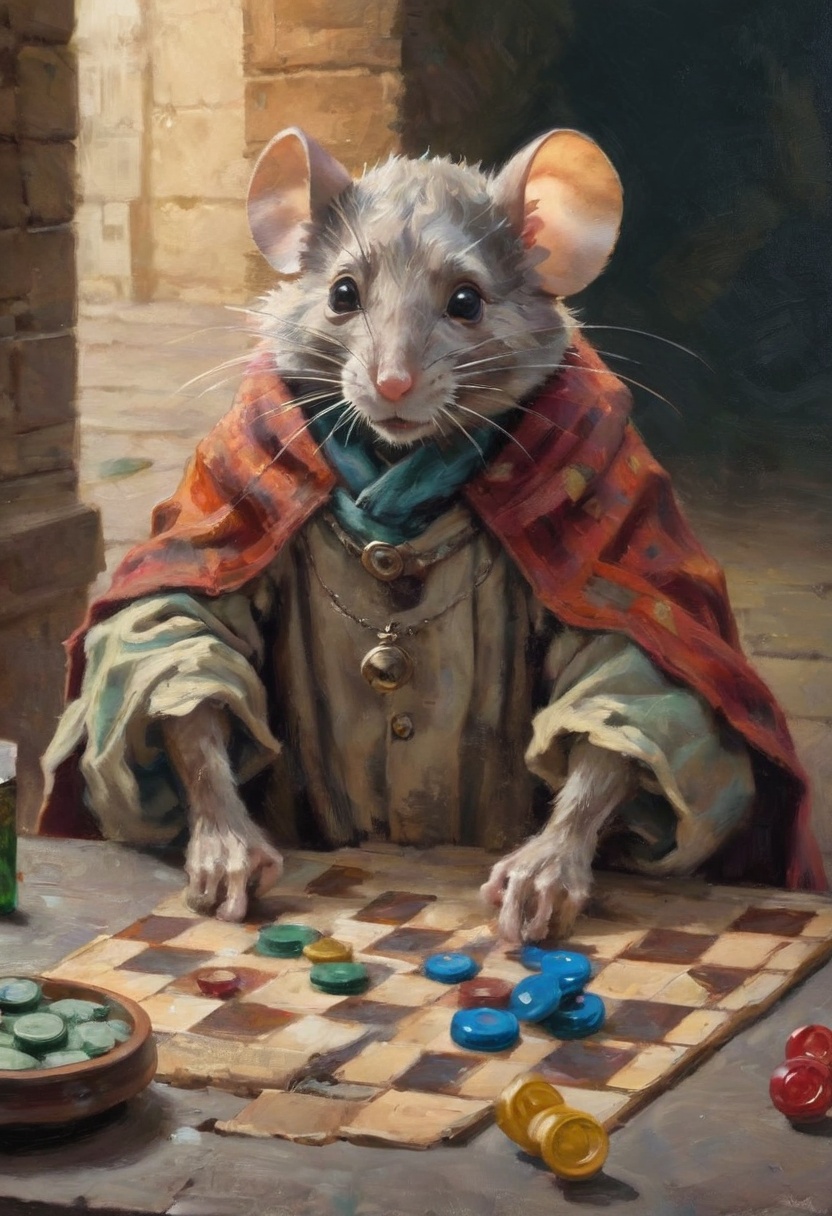 masterpiece,  award winning,  old wizened humanoid mouse sitting at stone table playing checkers with bottlecaps. on Tenso...
