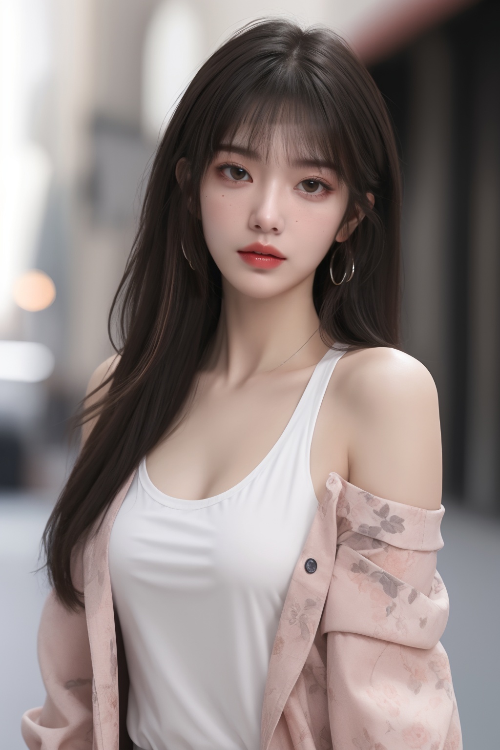 1girl, bangs, bare shoulders, blurry, blurry background, clothes writing, depth of field, floral print, jacket, lips, long hair, looking at viewer, mole, mole under eye, multicolored hair, off shoulder, open clothes, print shirt, shirt, solo, **** top, two-tone hair, upper body ,breasts, <lora:完美世界美女—清漪_1.0:0.66>
