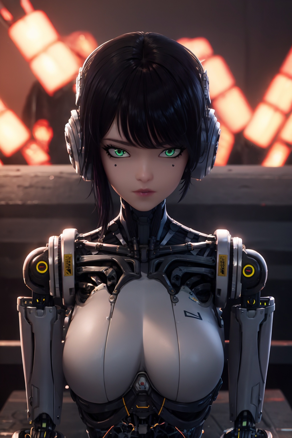 ash,1girl,green eyes,android,black hair,looking at viewer,robot joints,solo,breasts,mechanical parts,short hair,joints,cyborg,blurry background,lips,medium breasts,science fiction,cyberpunk,bangs,cable,depth of field,desolate,ruins,war,smoke,apocalypse,guns,fight,dusk,outdoor,sunset,broken bridges,destroyed cities,