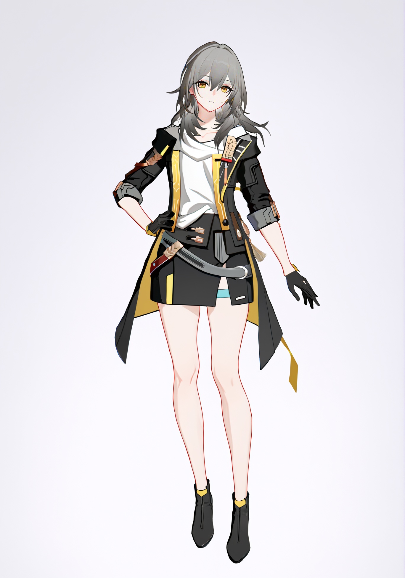 score_9, score_8_up, score_7_up, score_6_up, 8k, 8k, best quality, masterpiece, (ultra-detailed:1.1), (high detailed skin), (full body), (white background:1.1), standing, looking at viewer, (solo), hand on hip, <lora:LKtrainre-A3-Tanger-000010:0.7>, stelle /(honkai: star rail/), stelle's def clothes, 1girl, yellow eyes, full body, black gloves, grey hair, white shirt, black footwear, jacket, black skirt(beautiful_face), ((intricate_detail)), clear face, ((finely_detailed)), fine_fabric_emphasis, ((glossy)), full_shot, <lora:agm-artist-richy-v1_pdxl:0.7>, 