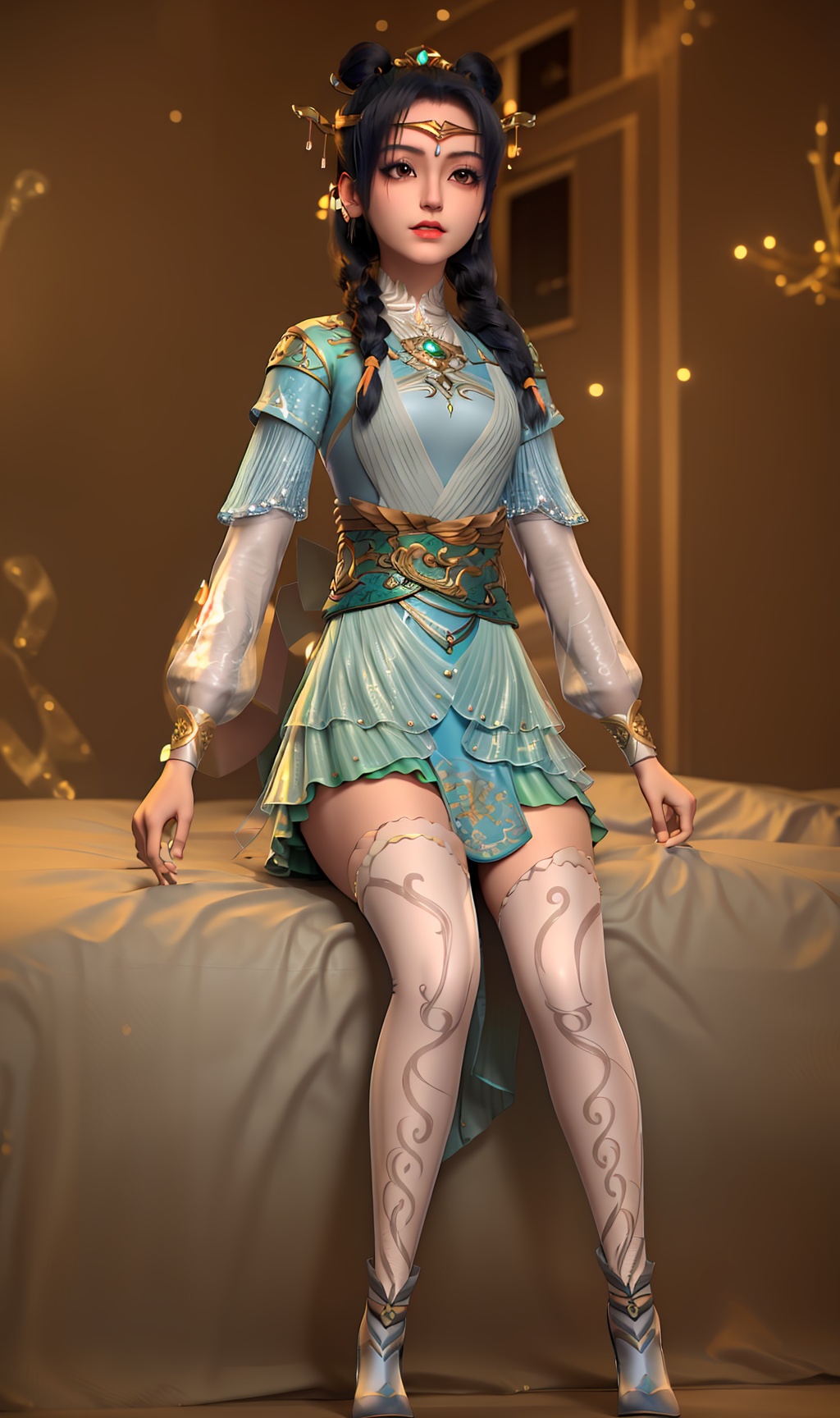 3D,masterpiece,(best quality),(makeup),official art, extremely detailed cg 8k wallpaper,(1girl),((crystalstexture skin)), (extremely delicate and beautiful),(highly detailed),(face),(collar),(twin_braids),(gold_trim),(twintails),(headdress),(forehead_mark),(female_child),, (solo), (jewelry), (earrings),(blue_hair),(long_hair),(hair_ornament),(handwear),,(small_breast),(sitting),((full_body,whole_body)),(long_legs),(closed_mouth),(skirt),(chinese_clothes),(dress),,(multicolored_clothes),(multicolored_dress),(shiny_clothes),(city,indoor,bed),(sash),(armor),(wristband),(thighhighs),,((looking_at_viewer)),((Facing the camera)),(shoes),(blue_footwear),, <lora:hipoly3DModelLora_v10:0.3>
