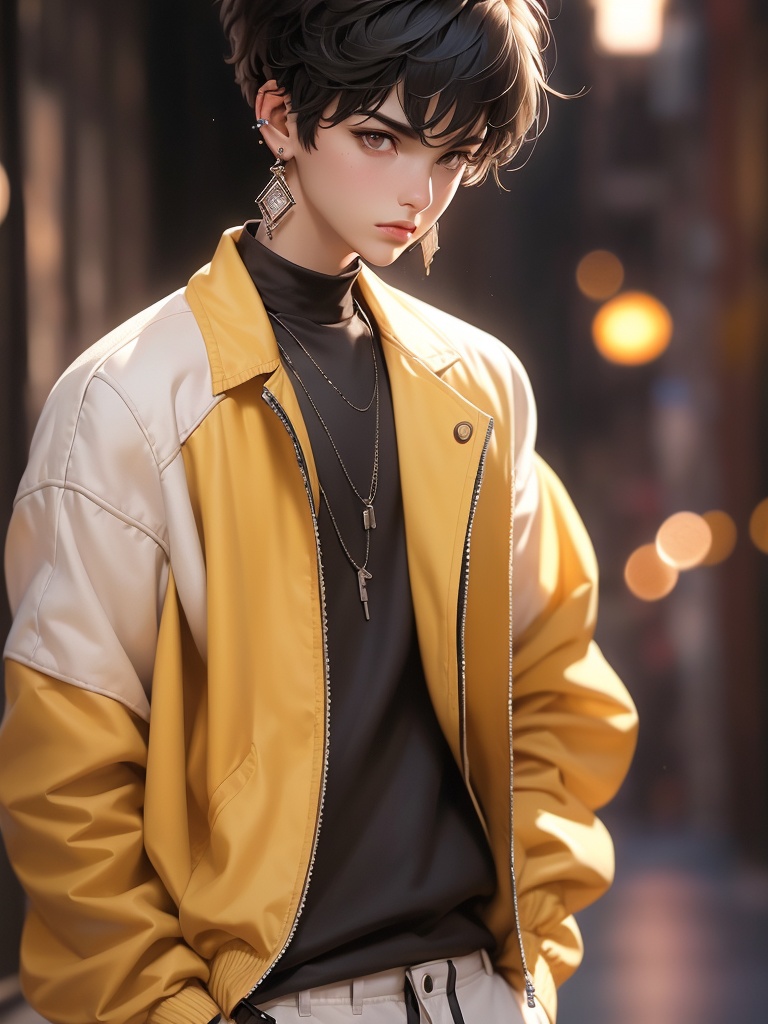 CG,solo, blurry background, shirt, short hair, looking at viewer, male focus, jacket, 1boy, jewelry, blurry, white shirt, black hair, earrings, upper body, collared shirt, closed mouth, outdoors, hands in pockets, bangs, lips, black jacket, day, artist name, jacket on shoulders, realistic, ear piercing