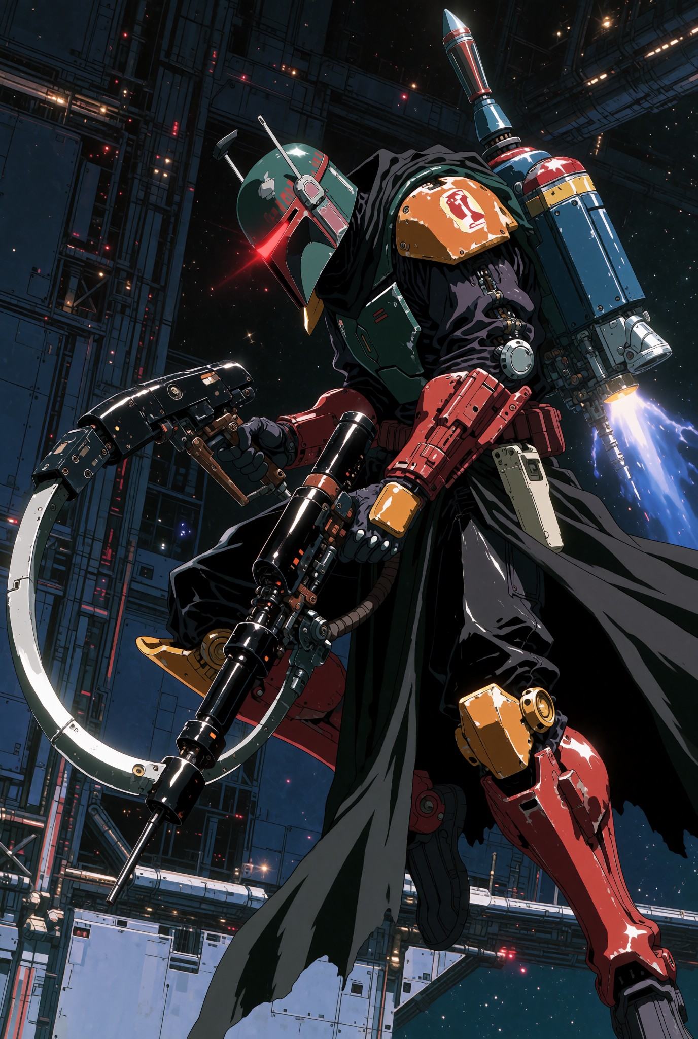 A dramatic full body shot from the side of a cyberpunk warrior resembling Boba Fett,  wearing glossy black and red cyberne...