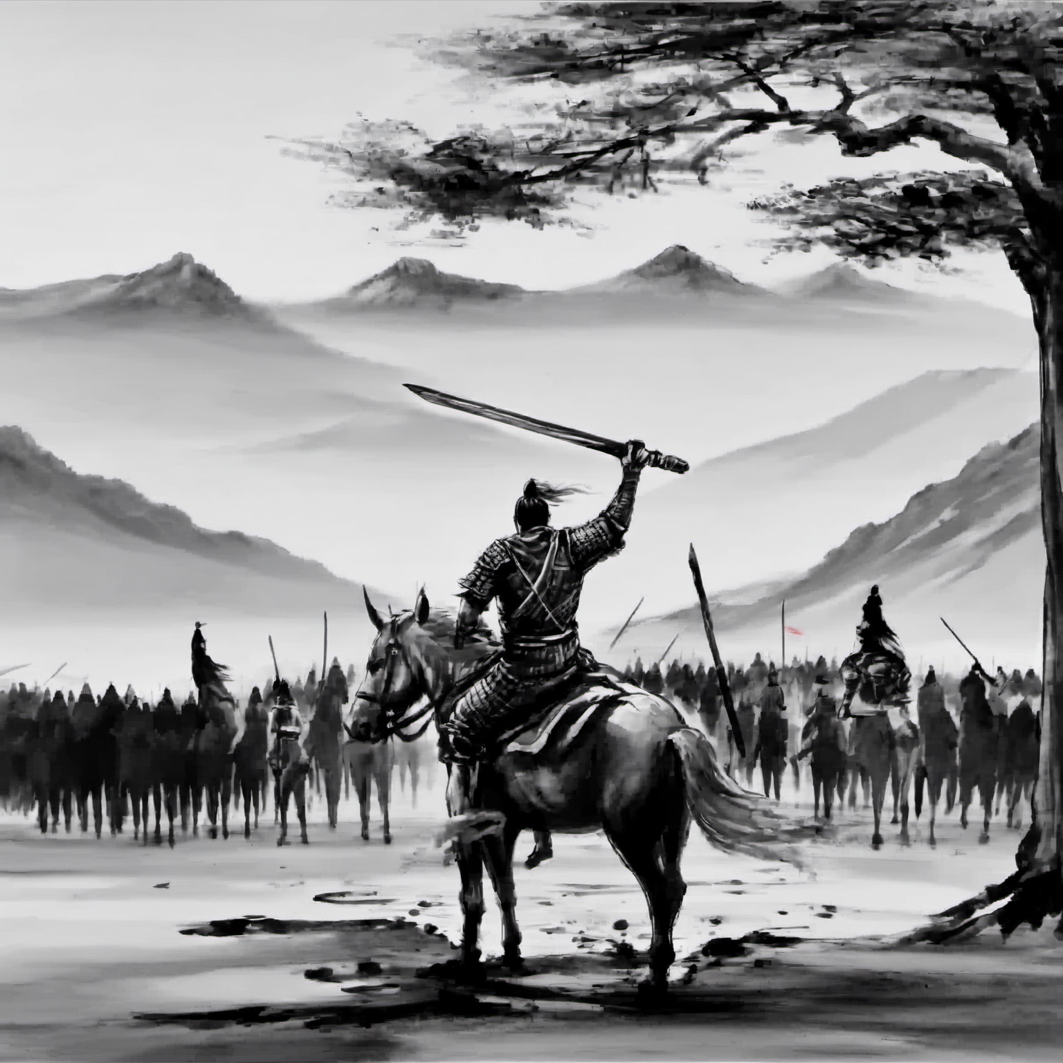 <lora:ink_xiakexing_xl_v1:0.8>,tree,mountains,ink painting,a painting of a man on a horse with a sword in his hand and a group of men on horses in the background,1boy,holding,monochrome,weapon,greyscale,male focus,sword,holding weapon,armor,helmet,polearm,spear,riding,holding polearm,horse,horseback riding,letterboxed,spot color,