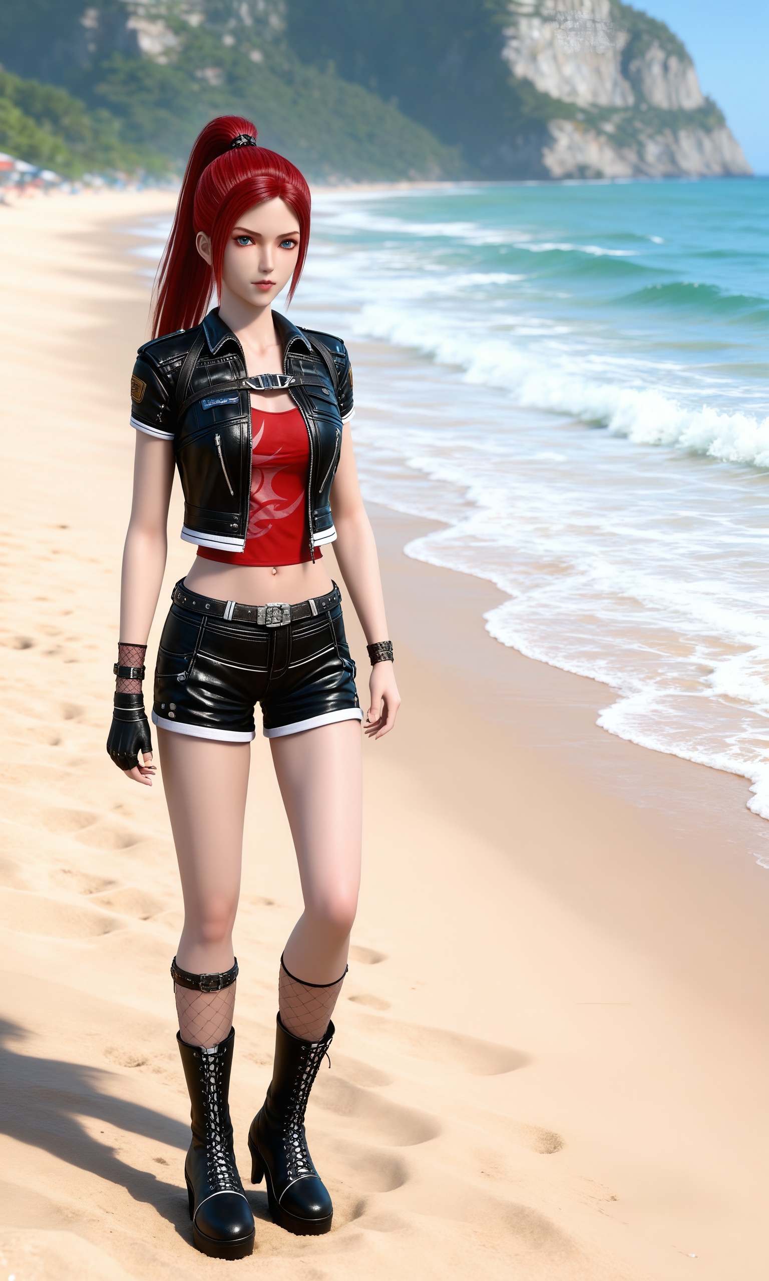 <lora:游侠战纪-秦梨落Pony:0.8>,1girl,striking red hair,high ponytail,blue eyes,black leather jacket with white trim,red crop top,belt,black leather shorts,black fishnet patterned knee-high stockings,black,lace-up combat boots,, standing,Seaside,beach,waves,full body,