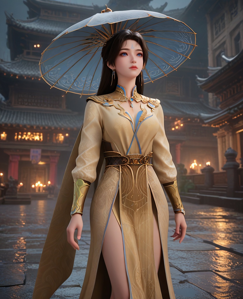 (oriental architecture, elegant decor, sophisticated style:1.1),(Walking with an umbrella in the rain, looking up with a sense of optimism and hope,:1.1),(breasts:1.2),<lora:XL16遮天薇薇:0.95>,miss weiwei,beige dress,blue eyes,forehead mark,black hair,long hair,hair ornament,earrings,jewelry,belt,cape,wrist support,pelvic curtain,, score_9,score_8_up,score_7_up,score_6_up,score_5_up,score_4_up,3d rendering,tag1,tag2, Cinematic Lighting,backlighting,