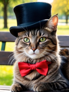 1cat,artstyle,year 2023,cat close up,Cat in black top hat, cat in red bow tie, no one, cat on a park bench,best quality,amazing quality,very aesthetic,absurdres,