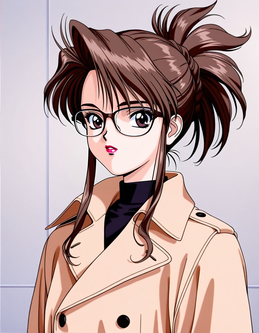 masterpiece,best quality,amazing quality,very aesthetic,high resolution,ultra detailed,perfect details,1girl,solo,<lora:mai_nimigoto_t1:1>,mai_nimigoto_t1,brown_hair,glasses,lipstick,brown_eyes,ponytail,coat,upper body,standing,retro artstyle,1990s \(style\),