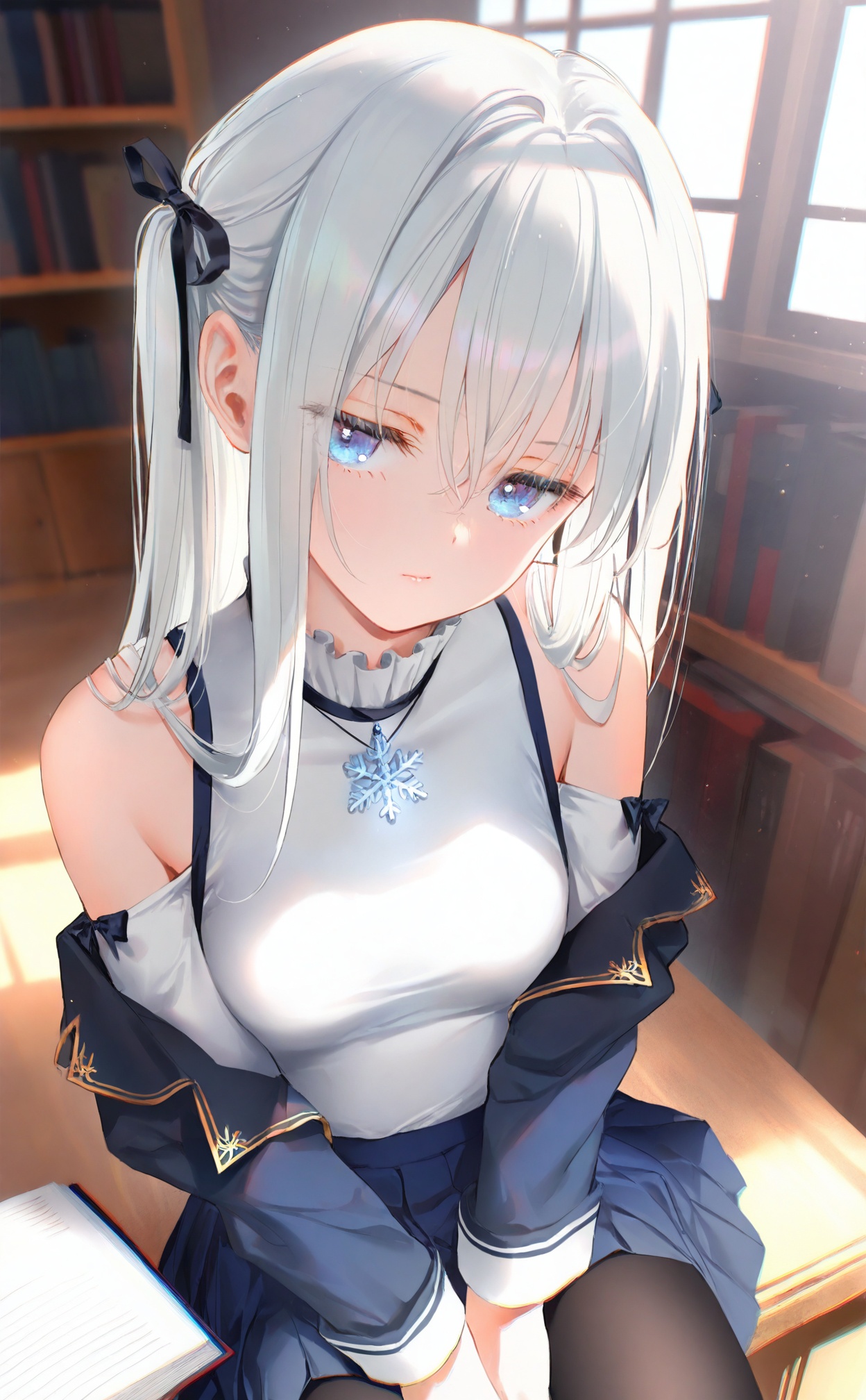 masterpiece,best quality,high quality,loli,(artist:ningen_mame:0.9),(artist:sho_(sho_lwlw):0.9),(artist:rhasta:0.9),(artist:wlop:0.7),(artist:ke-ta:0.6),(fkey:0.5),(tianliang duohe fangdongye:0.5),(hiten \(hitenkei\):0.6),loli,1girl,solo,blue eyes,white hair,(long hair),hair between eyes,medium breasts,white_shirt,frilled collar,pleated skirt,long sleeves,brooch,snowflake hair_ornament,waistcoat,black leggings,(open jacket),shoulder cutout,hair ribbon,sitting,looking at viewer,(jitome),half-closed eyes,[light_smile],depth of field,indoors,bookshelf,bookcase,counter,(french window),pendant lamp,open book,sunlight,light particles,masterpiece,bestquality,[Artist miwano rag],[Artist toosaka asagi],[Artist wlop],[Artist chen bin],[iumu],omochi_monaka,