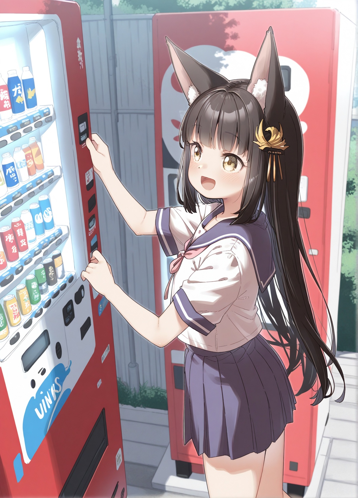 <lora:nagato_IL_v1.0:1>,nagato \(azur lane\),hair ornament,serafuku,pleated skirt,short sleeves,solo,(yukie_(kusaka_shi):0.7),outdoors,:d,vending machine,, masterpiece,best quality,
