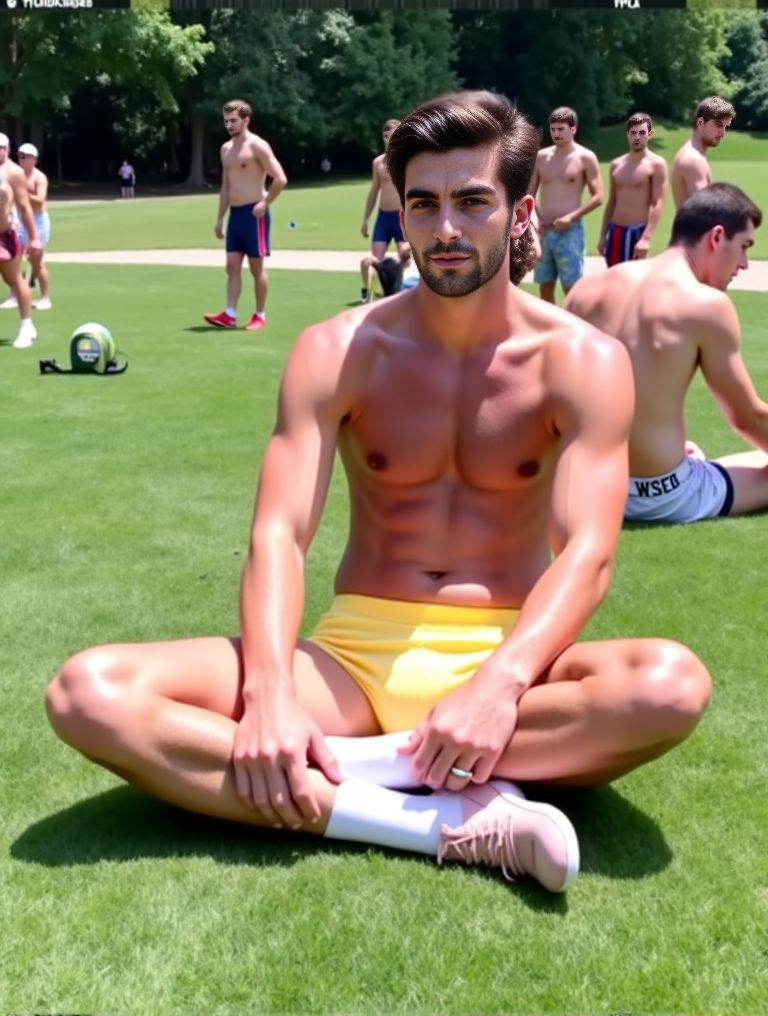Ferran Torres ,  Instagram Thirst trap photo. sitting on the grass in a public park in London. he's only wearing a pair of...